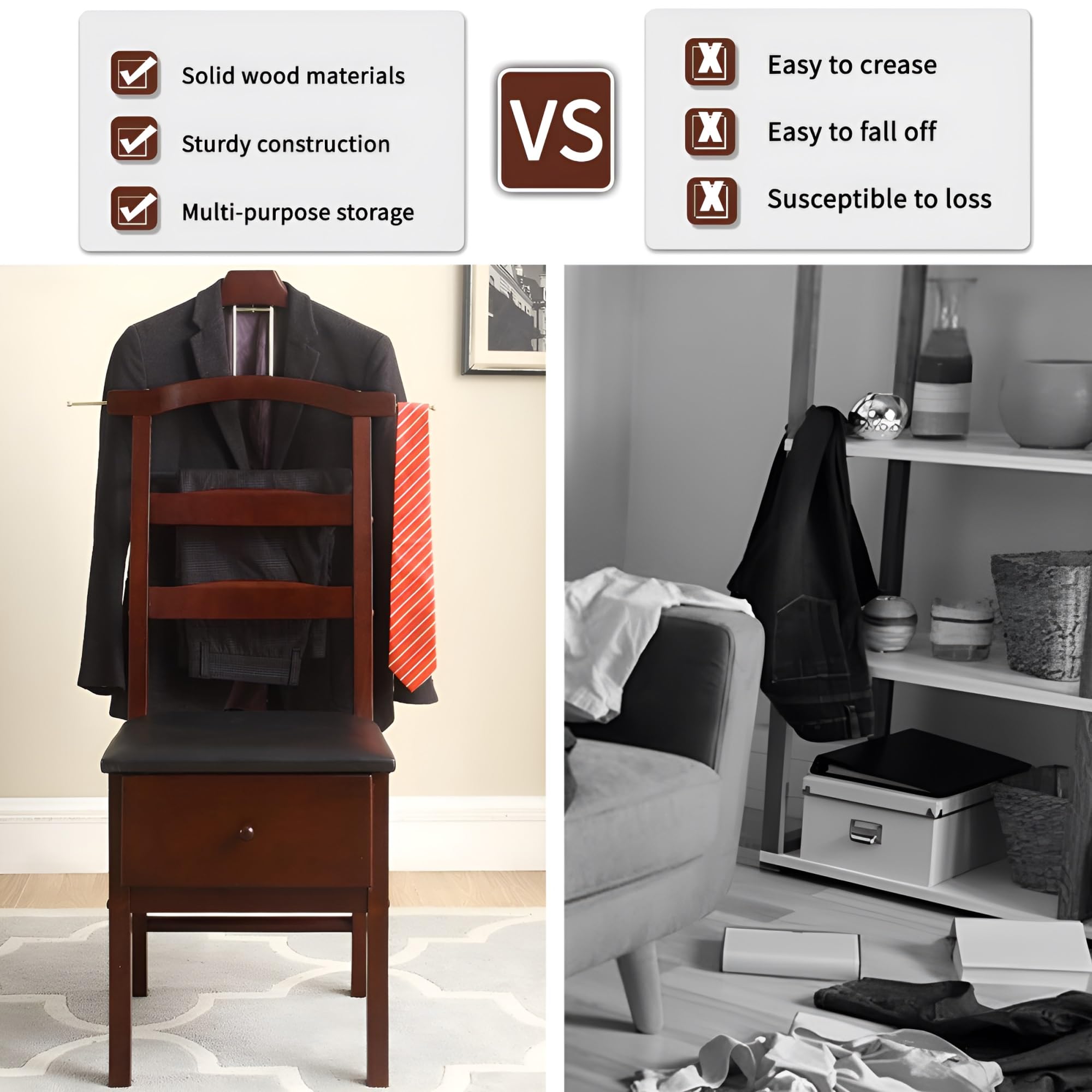 Premium Wooden Valet Stand with Drawer - Suit Valet Stand for Men & Women, Freestanding Closet Organizer with Trouser Bar & Tie Bar - Perfect for Bedroom, Closet & Dressing Room Organization