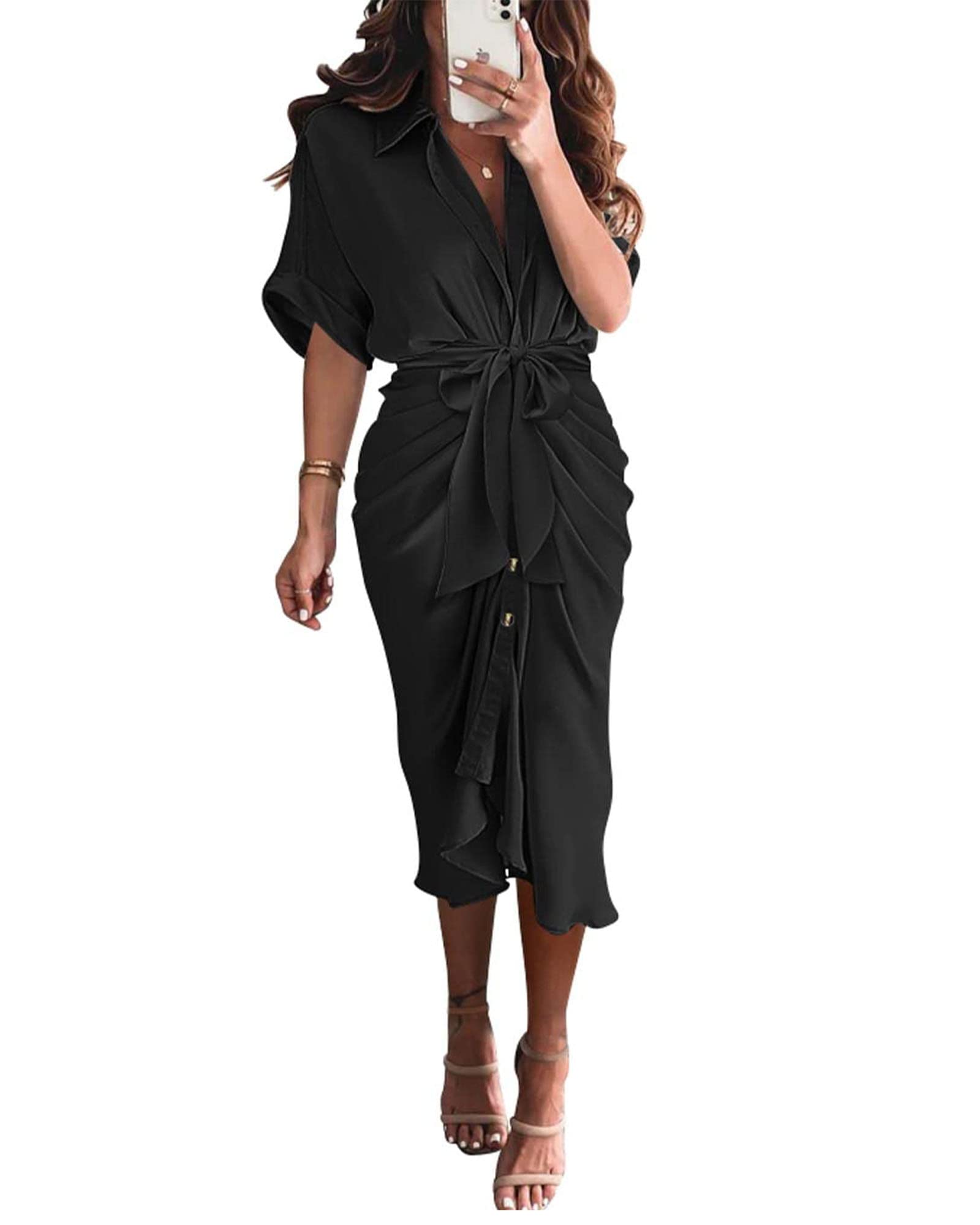 BTFBM Women's Elegant Ruched Button Down Shirt Dress - Short Sleeve Lapel V-Neck Satin Maxi Dress for Spring & Summer | Perfect for Parties, Weddings & Formal Occasions