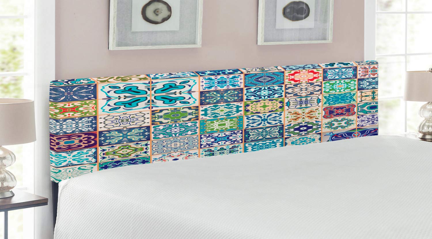Ambesonne Moroccan King Size Headboard - Floral Patchwork Upholstered Metal Bed Frame with Memory Foam | Mediterranean Artisan Design in Multicolor | Perfect for Bohemian & Eclectic Bedroom Decor