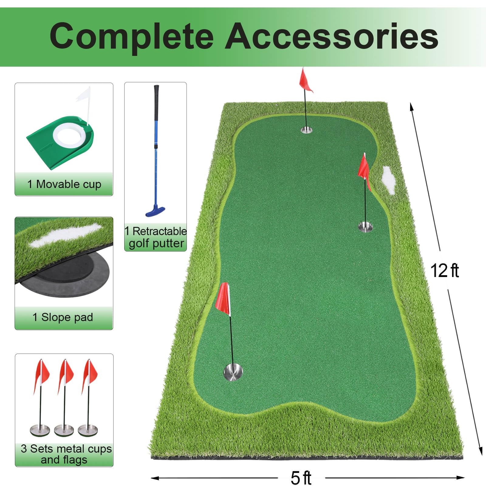 Premium Golf Putting Green Mat - Professional Training Mat with Putter, Removable Golf Cup & Slope Pad | Indoor/Outdoor Practice | Perfect for Home, Office & Backyard Training
