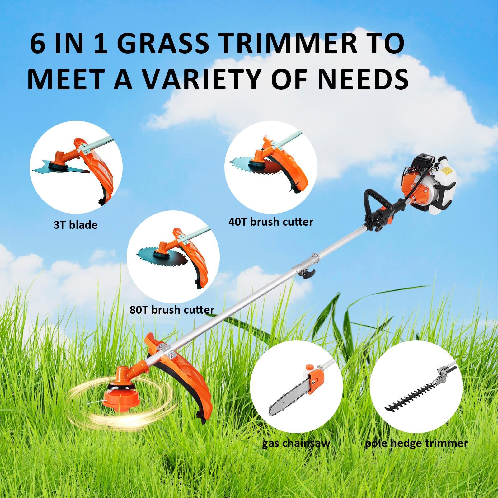 52cc 2-Stroke Gas Powered Weed Eater - 6-in-1 Multi-Function String Trimmer with Full Guard Accessories - Ideal for Lawn Edging, Yard Maintenance & Tough Weed Cutting