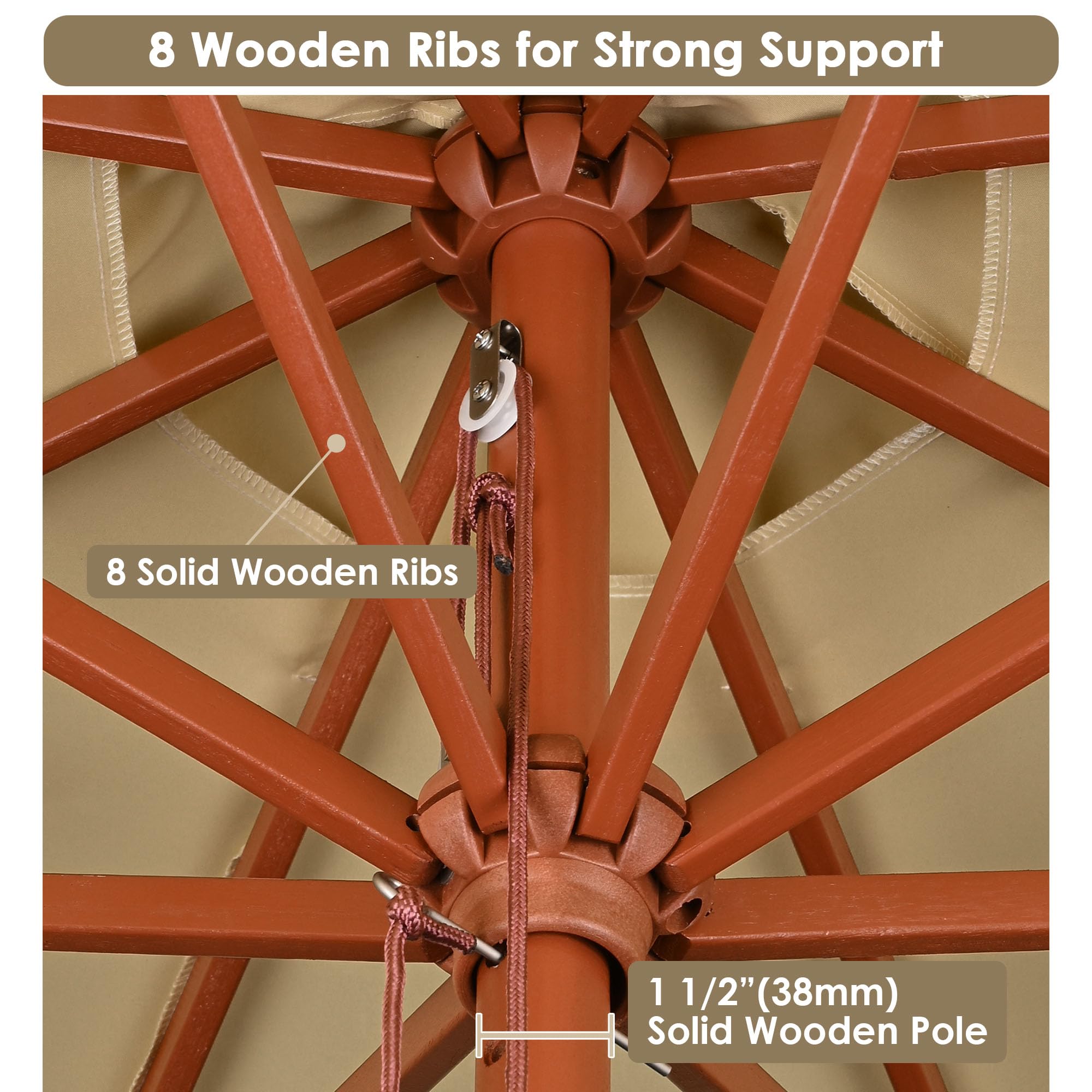 Yescom 9ft Tan Wooden Outdoor Patio Umbrella with Pulley - Perfect for Garden, Yard, Beach, Deck & Cafe - Sun Shade for Outdoor Dining & Relaxation