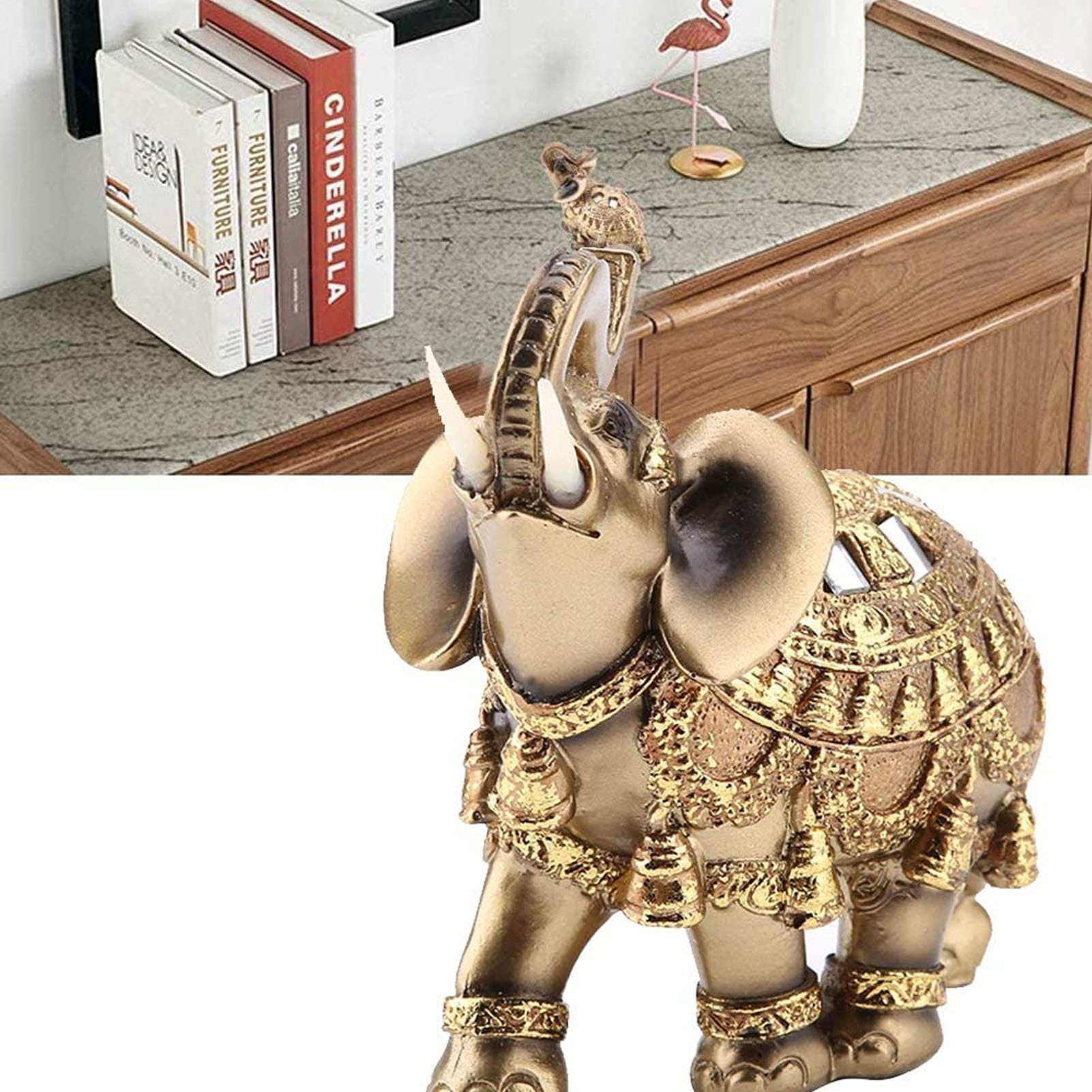 Golden Polyresin Elephant Statue - Lucky Feng Shui Wealth Decor for Home & Office | Handcrafted Elephant Sculpture with Upward Trunk | Perfect Gift for Collectors & Housewarming