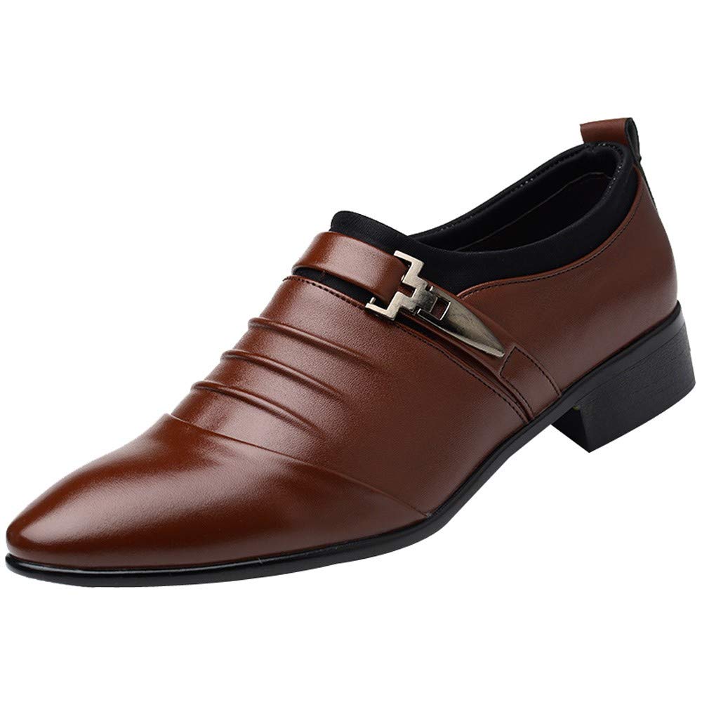 IQYU Men's Lightweight Leather Moccasin Shoes - British Style Pointed Toe Formal Dress Shoes for Wedding & Business - Comfortable Safety Shoes for Office, Party & Special Occasions