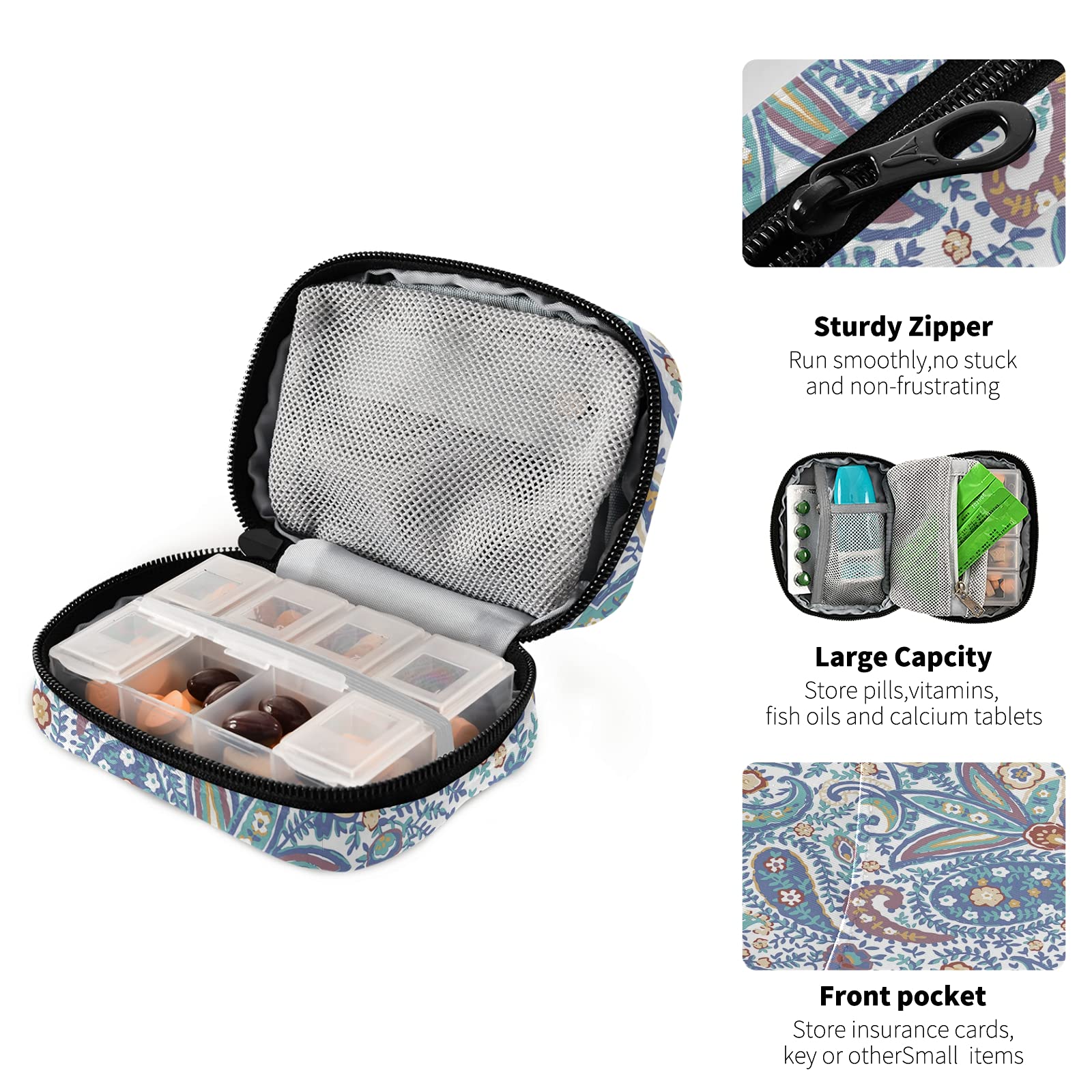 Paisley Pill Case Bag - Portable Medicine Organizer Box for Vitamins & Supplements | Travel, Daily Use & Emergency Medication Storage