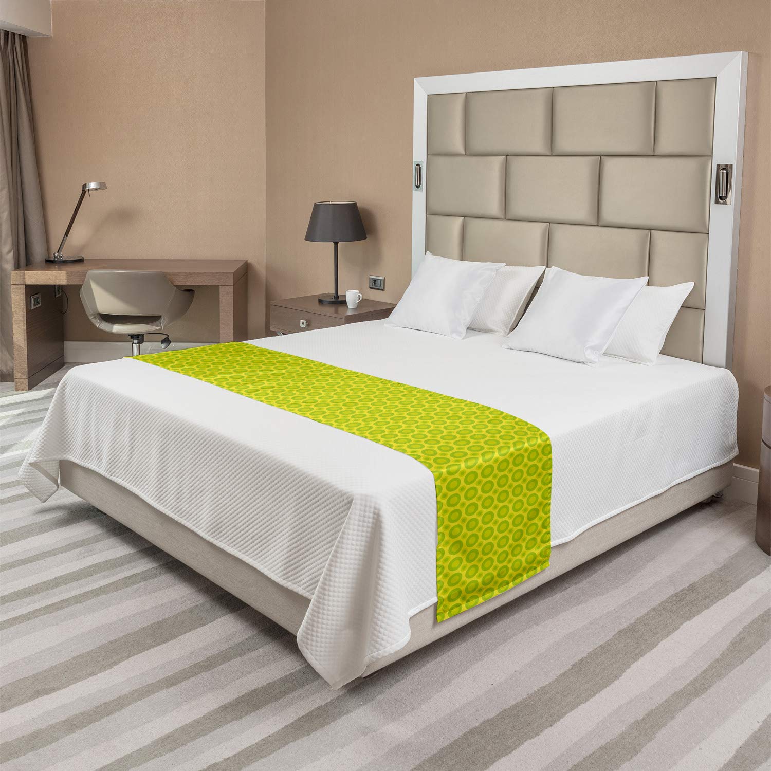 Ambesonne Retro Bed Runner - Summer Tone Abstract Art with Repetitive Circles Design, Decorative Bed Scarf for Queen Size Beds - Perfect for Hotels, Homes & Guestrooms (Yellow Green) | Adds Boho Chic Style to Bedroom Decor