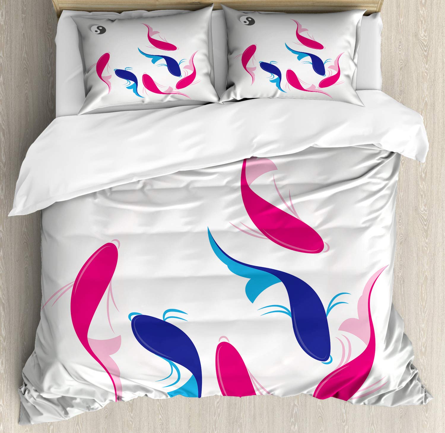 Ambesonne Japanese Duvet Cover Set - Swimming Squid Fish Yin Yang Aquatic Pisces Marine Theme, 3 Piece Bedding Set with 2 Pillow Shams, California King Size, Pink & Blue - Perfect for Coastal Themed Bedrooms, Zen Decor, and Ocean Lovers' Home Decor