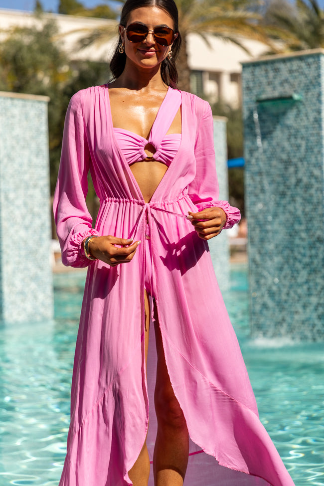 Shine On Pink Long Sleeve Swim Cover Up - Women's Beachwear for Swimming, Poolside & Vacation - UPF Sun Protection & Stylish Cover-Up