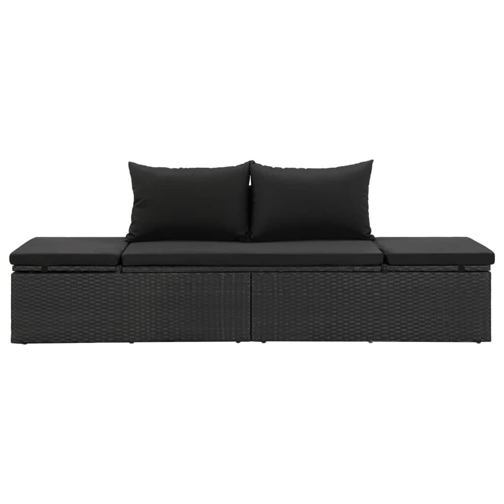 SKM Black Poly Rattan Sun Bed with Cushions - Outdoor Patio Lounge Chair for Poolside, Garden, and Backyard Relaxation