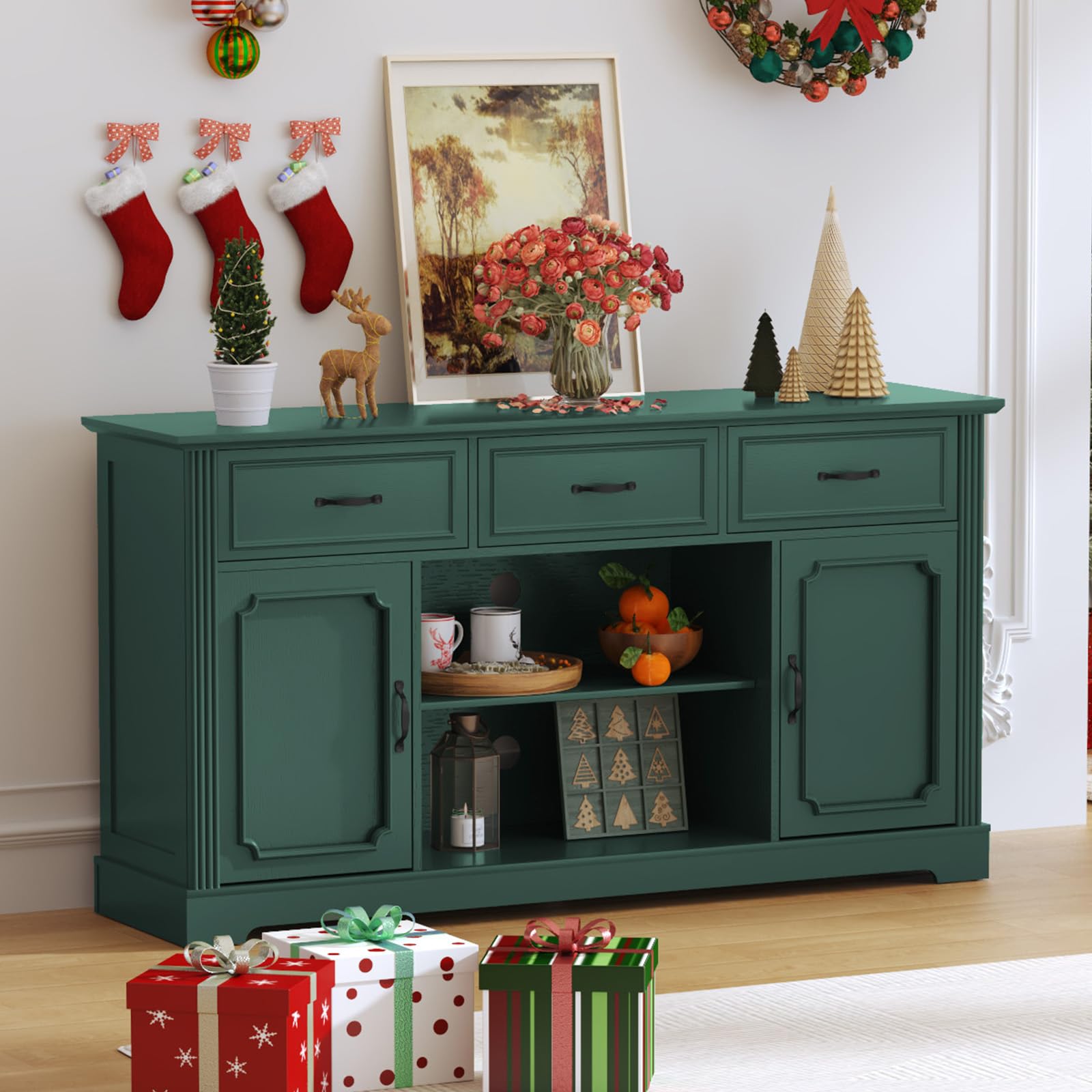 ARTPOWER Mid Century Modern TV Stand for 65 Inch TVs - Wooden Entertainment Center with 3 Drawers & Adjustable Shelves, Storage Cabinet for Living Room (Green) - Perfect for Home Theater Setup & Living Room Organization