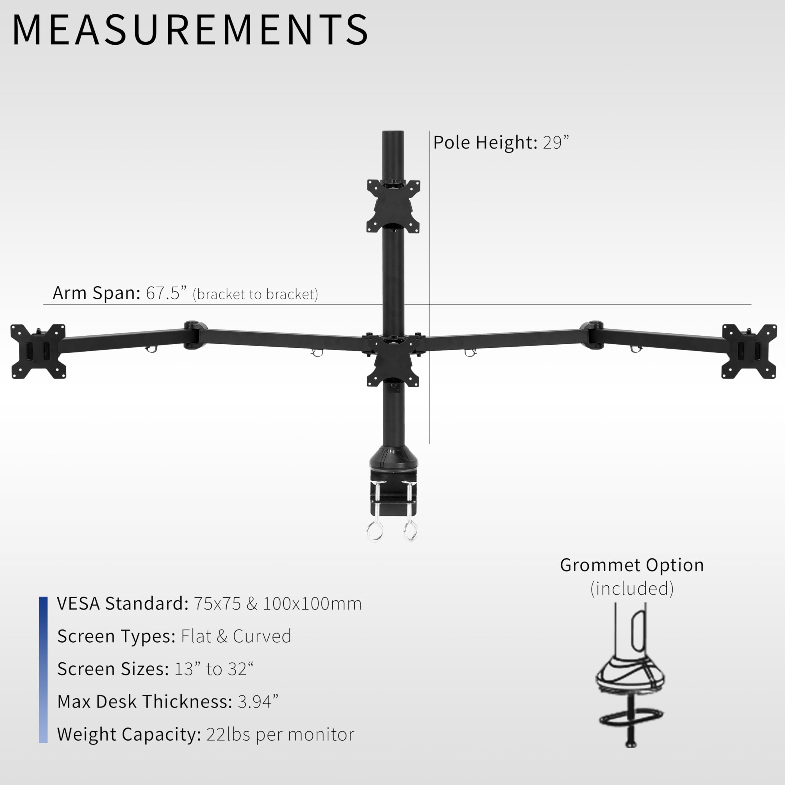 VIVO Quad Monitor Stand for 13 to 32 inch Screens | 4 Arm Adjustable VESA Mount | Heavy Duty Clamp-on Desk Mount | Perfect for Home Office, Gaming & Multi-Tasking Workstations (Black, STAND-V104A)