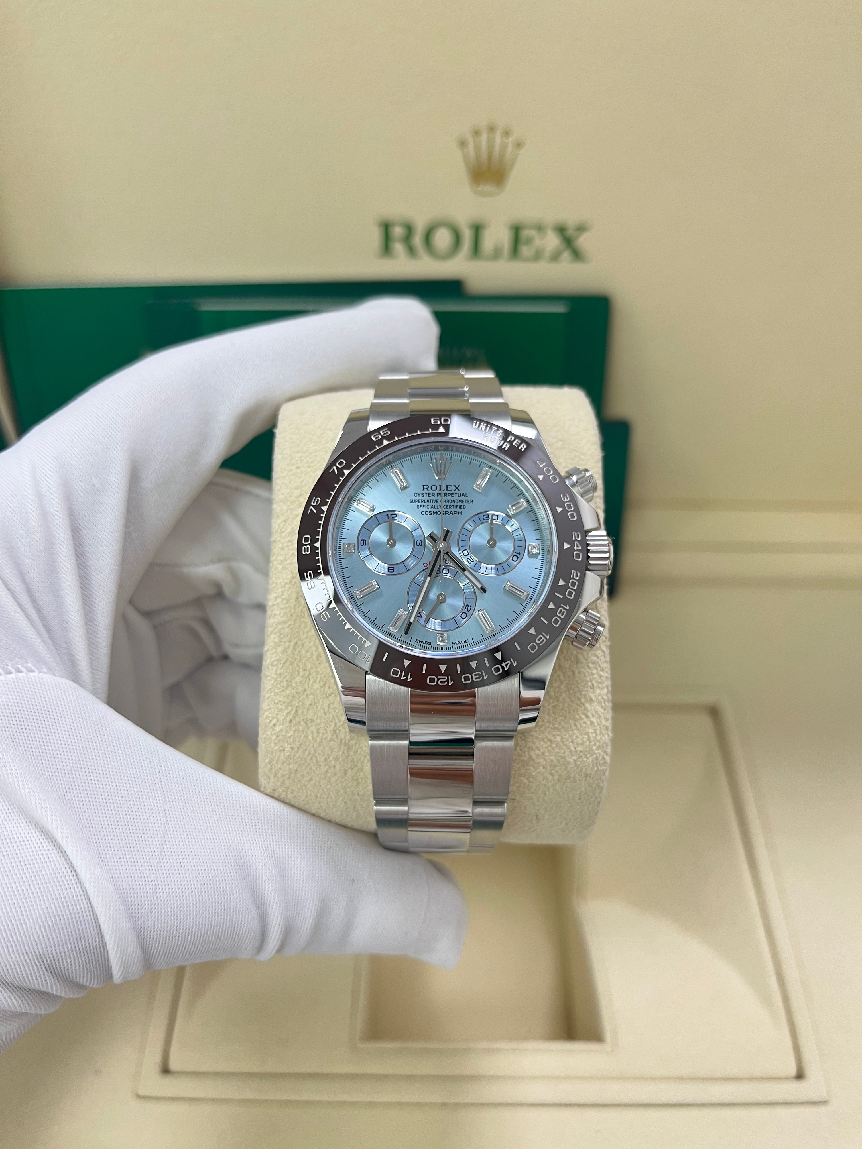 Rolex Daytona Platinum 40mm Ice Blue Diamond Baguette Dial Watch (Ref #116506) - Luxury Men's Chronograph for Special Occasions & Collectors