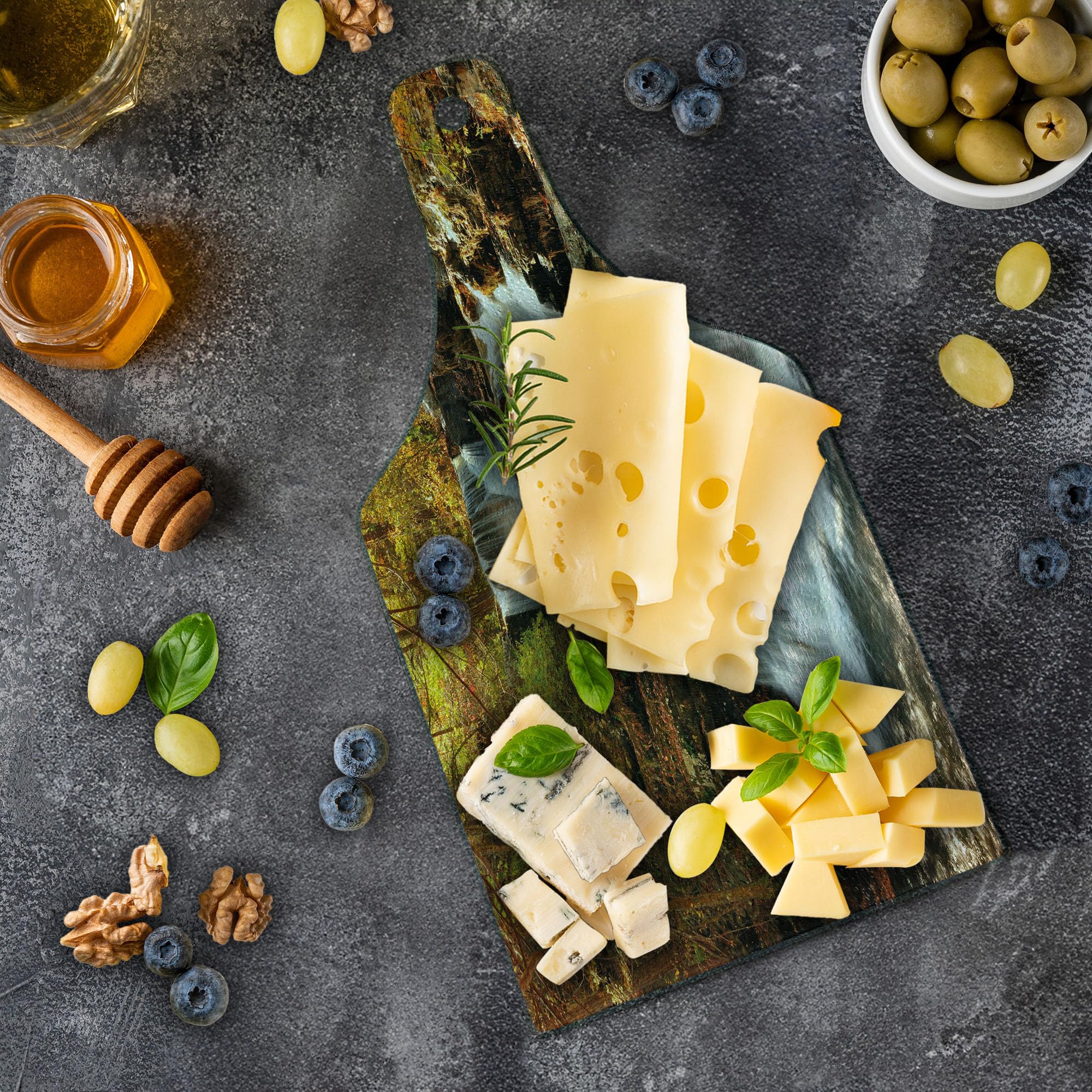 Ambesonne USA Wine Bottle Shaped Cutting Board - Delaware Water Gap Autumn Forest Scenery - Tempered Glass Serving Board for Kitchen & Dining - Brown Green White Design - Perfect for Entertaining, Charcuterie & Wine Pairing