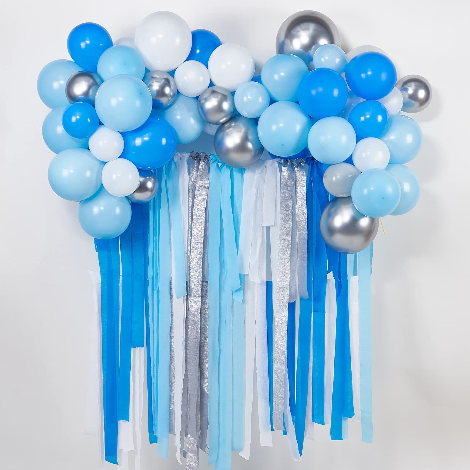 PartyWoo Crepe Paper Streamers 6 Rolls 492ft - White, Silver, Royal Blue, Light Blue - Perfect for Birthday Party Decorations, Wedding Backdrops, Baby Showers & DIY Craft Projects (1.8 Inch x 82 Ft/Roll)