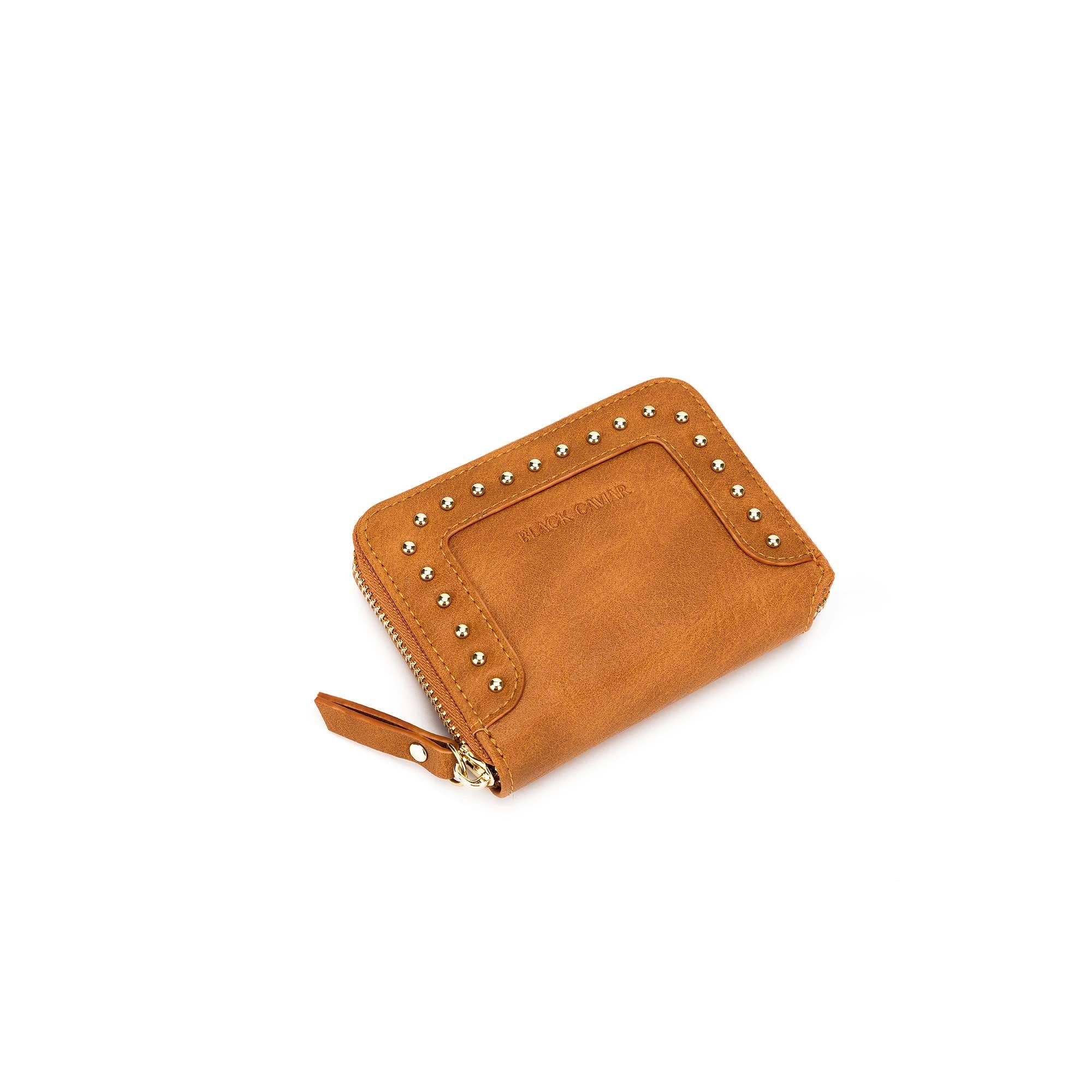 Rebel Tan Studded Mini Wallet for Women - Stylish & Compact Leather Card Holder - Perfect for Parties, Travel & Everyday Use