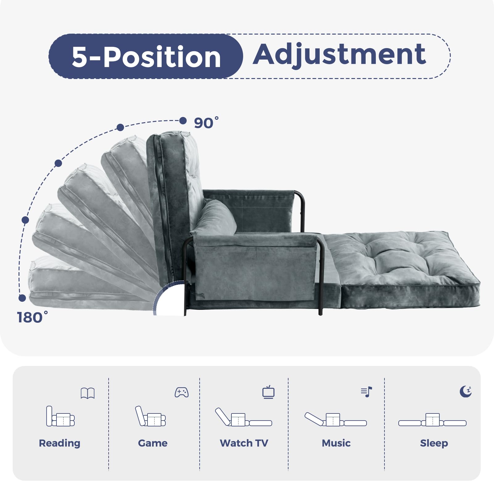MAXYOYO Adjustable Floor Sofa Couch - Velvet Convertible Lazy Sofa Sleeper Bed with Pillow & Armrest, Single Size Dark Grey for Living Room, Bedroom & Small Spaces