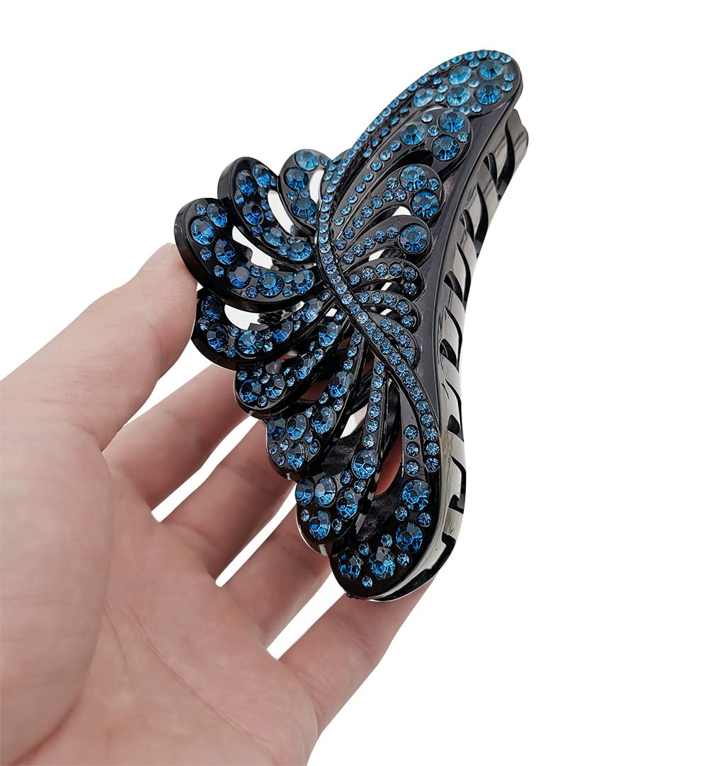 5 Inch Large Hair Claw Clips with Blue Rhinestones - Non-Slip Leaf Design Plastic Jumbo Jaw Clips for Women, Strong Hold for Thick & Long Hair - Perfect for Updos, Ponytails & Everyday Styling