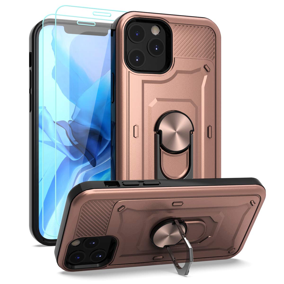 Premium Shockproof iPhone 12/12 Pro Case (2020 Model) with HD Screen Protector - 2-in-1 Armor Dual Layer Protection & 360° Rotating Metal Ring Stand - Perfect for Work, Travel, and Everyday Use