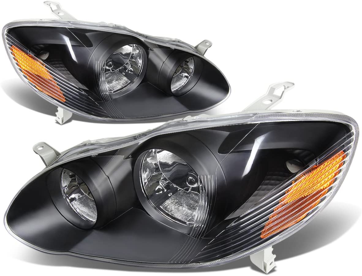 Headlight Assembly Compatible with 2003-2008 Toyota Corolla - Black Housing, Amber Reflector, Clear Lens (Driver & Passenger Side) (14028-GBK) - Perfect for Night Driving & Replacement
