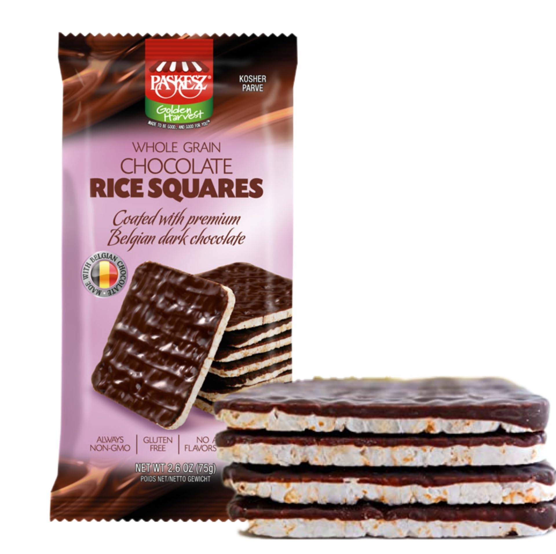 Paskesz Chocolate Covered Rice Cakes Squares - Whole Grain, Dairy Free, Gluten Free, Kosher, Low Calorie Healthy Snacks (2.6 oz, Pack of 1) - Perfect for On-the-Go, School Lunches & Weight Management
