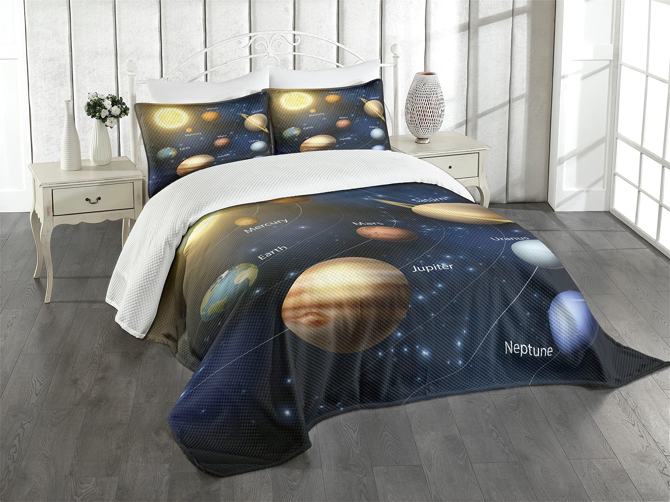 Ambesonne Solar System Bedspread Set - King Size 3 Piece Quilted Coverlet with 2 Pillow Shams, Astronomy Space Theme with Sun & Planets Design, Multicolor Galaxy Print - Perfect for Space Enthusiasts & Kids' Room Decor