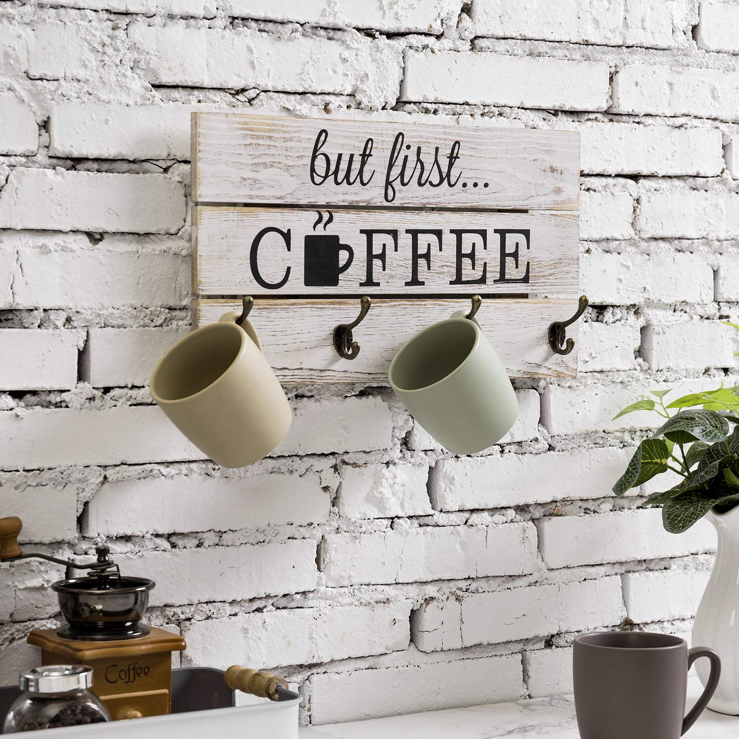 MyGift 8-Hook Wall Mounted Mug Rack - Whitewashed Solid Wood Coffee Bar Organizer with 