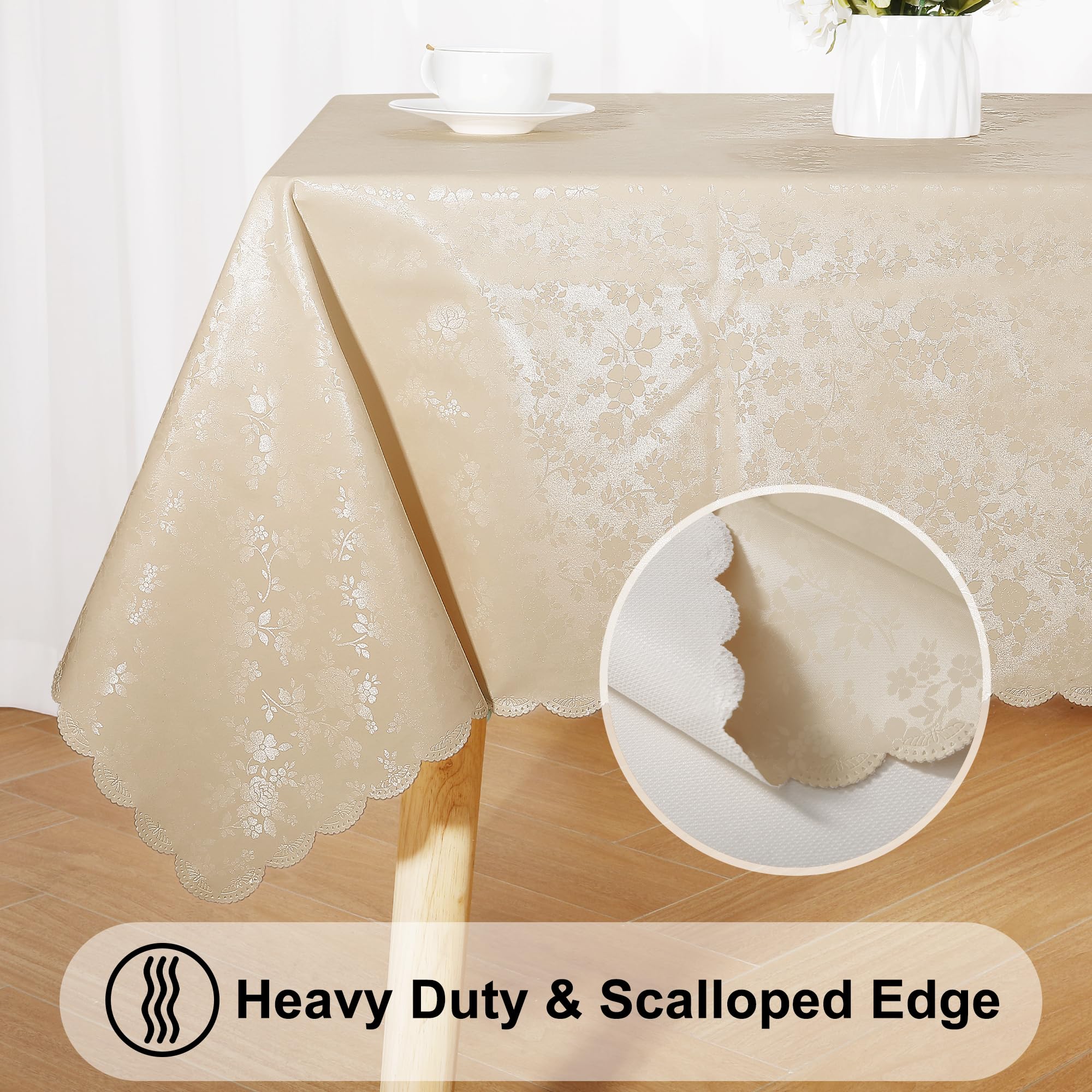Smiry Waterproof Heavy Duty Vinyl Tablecloth, Wipeable Washable Beige Table Cover for Kitchen & Dining Room, 52