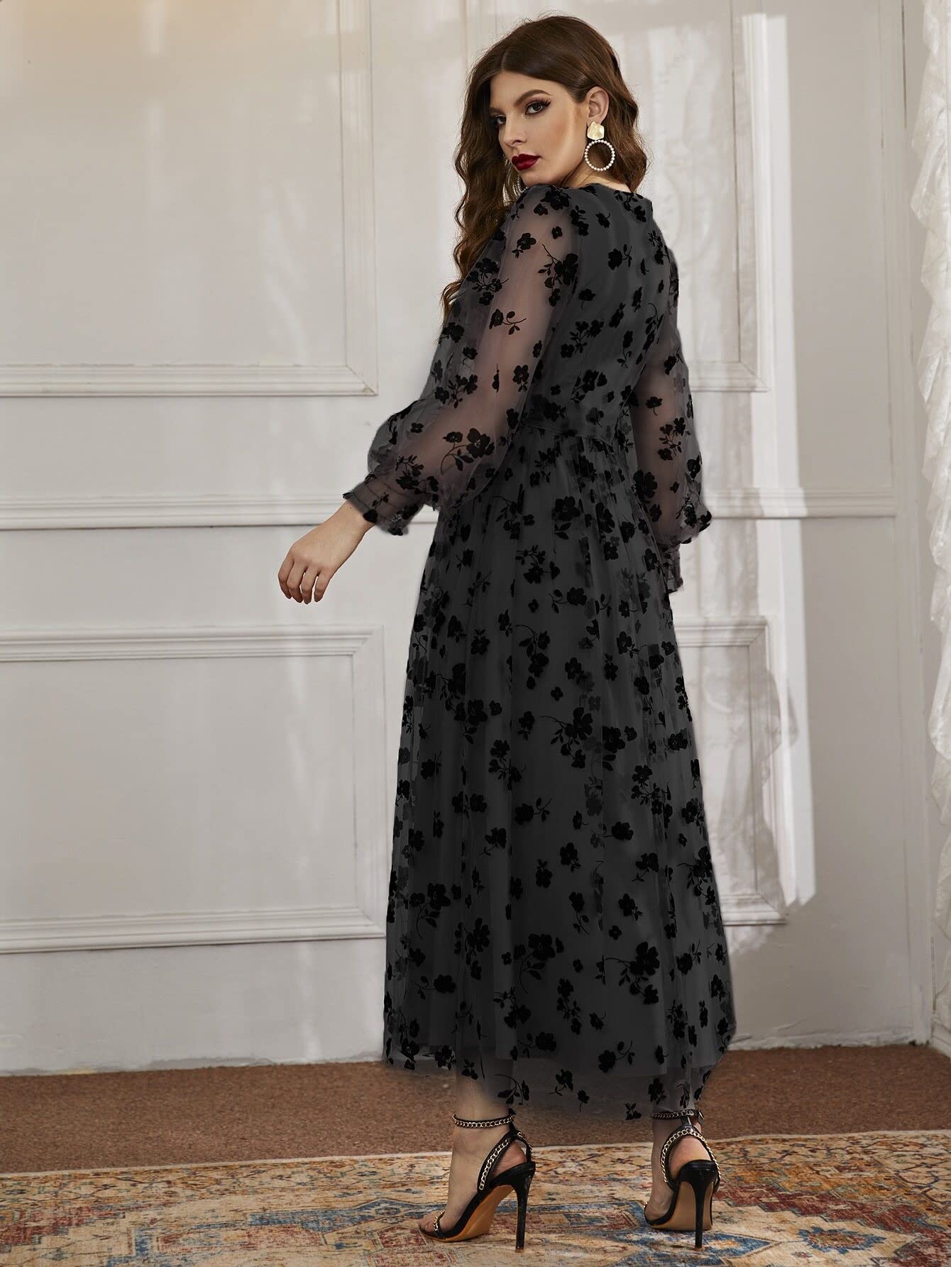 MAPAF Women's Floral Print Wrap Dress with Bishop Sleeves & Belt - Elegant Mesh Summer Dress (Black, Size XL) | Perfect for Weddings, Parties & Casual Outings