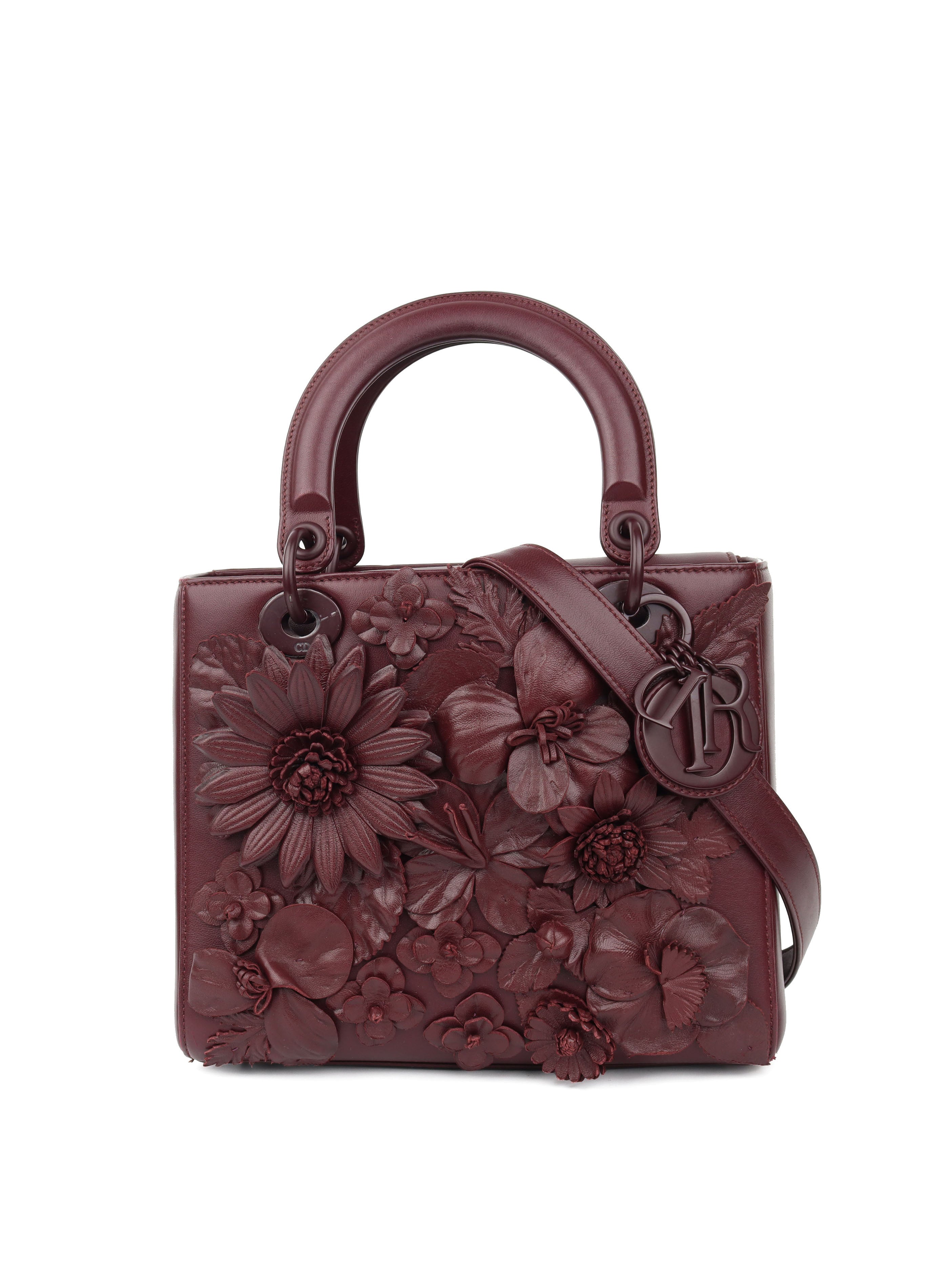 Dior Medium Lady Dior Handbag in Burgundy with Floral Applique - Perfect for Evening Events, Weddings & Luxury Fashion Accessories