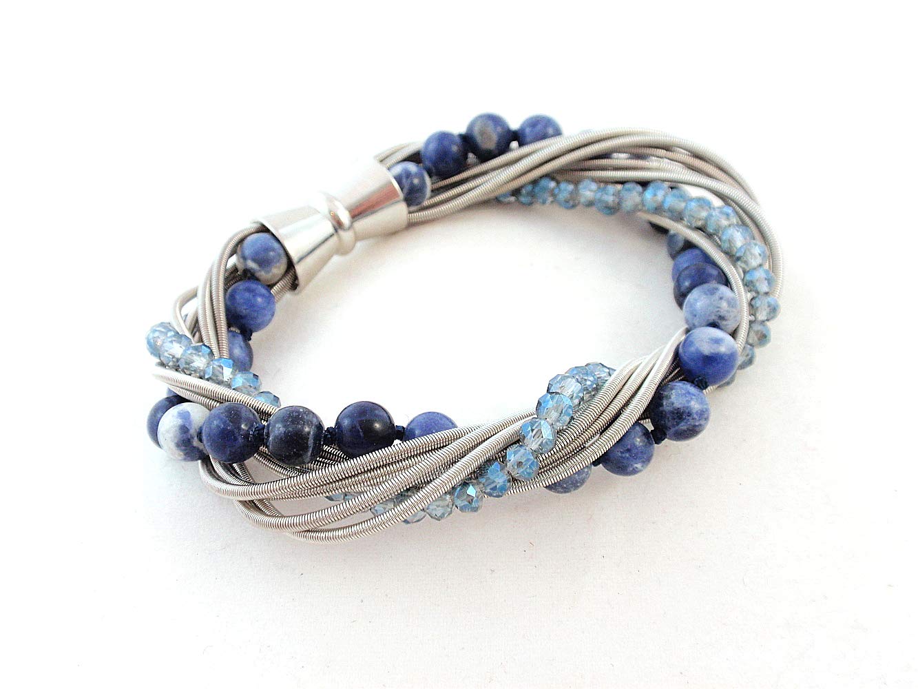 Premium Stainless Steel Piano Wire Bracelet with Genuine Sodalite Beads - Elegant Adjustable Jewelry for Women, Gift for Musicians, Yoga & Meditation Accessory