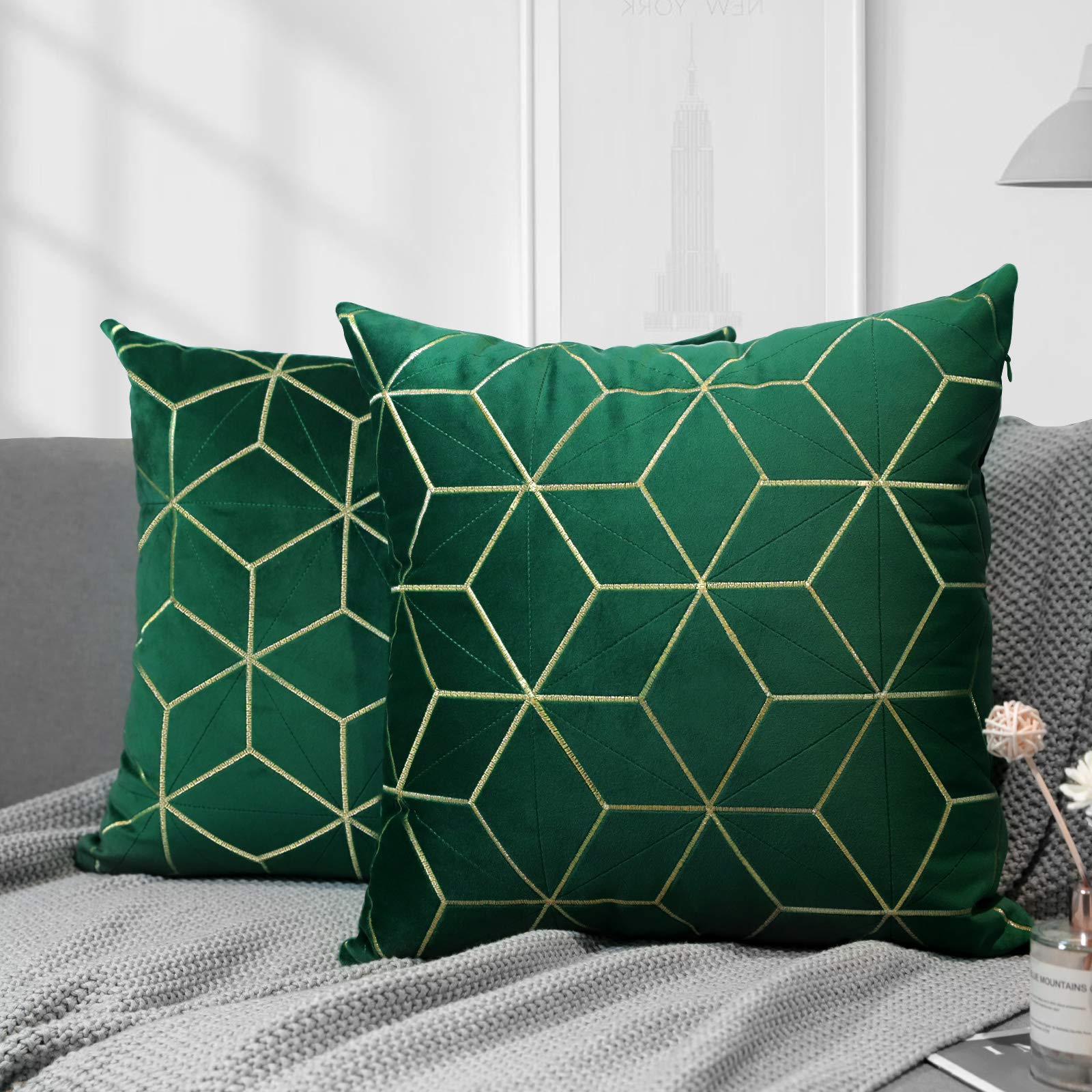 Soft Velvet Throw Pillow Covers 18x18 Inches (45x45cm) - 2 Pack Dark Green Embroidered Cushion Cases with Golden Diamond Pattern - Luxury Decorative Pillow Covers for Sofa, Bed, Car & Home Decor