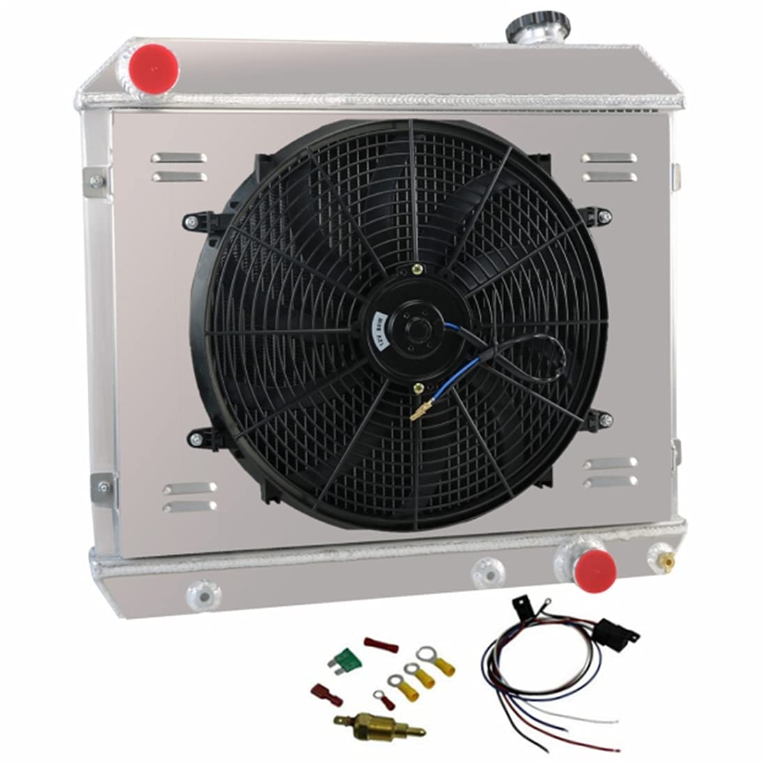 3 Row Aluminum Radiator with Fan Shroud & Thermostat Relay Kit - Compatible with 1961-1966 Chevy C/K C10 C20 C30 K10 K20 Pickup, Suburban & Other GM Models - Perfect for Engine Cooling & Restoration Projects