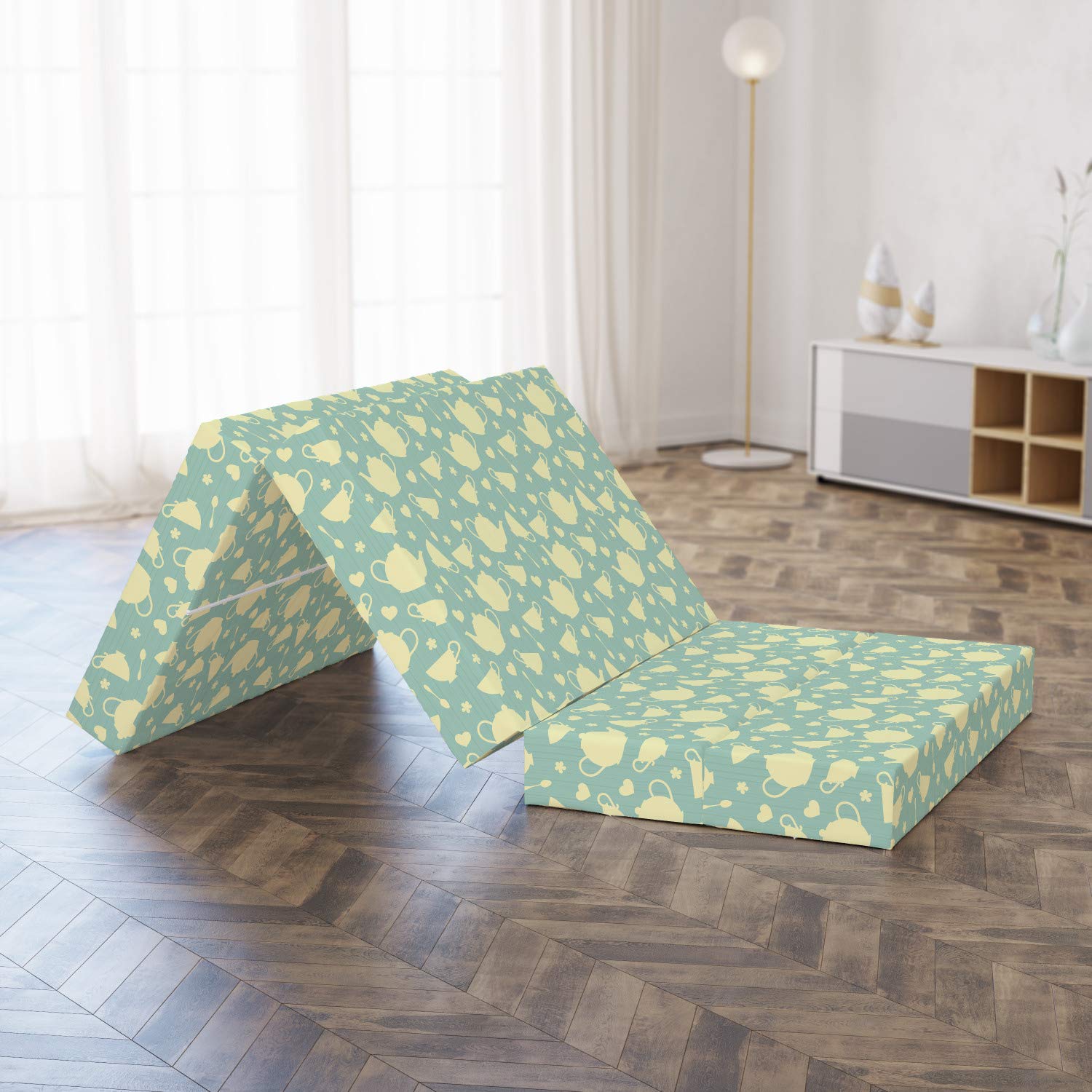 Ambesonne Foldable Kitchen Mattress - British Tea Cup & Teapot Design, 74.8