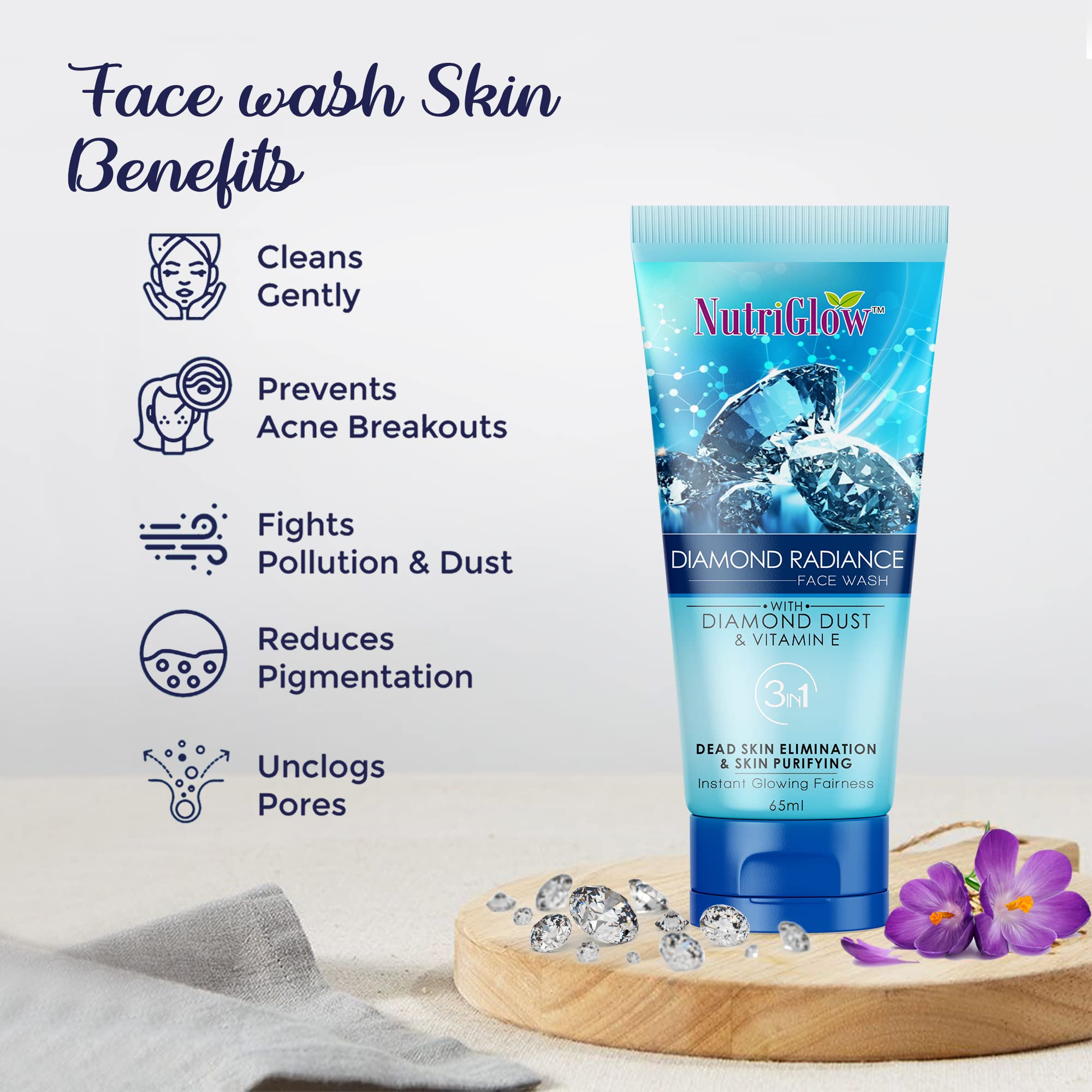 NutriGlow Diamond Radiance Face Wash with Diamond Dust - Brightens Dull Skin, Reduces Spots & Instantly Glows - 65ml (Pack of 4) | Perfect for Daily Skincare Routine & Achieving Radiant Complexion