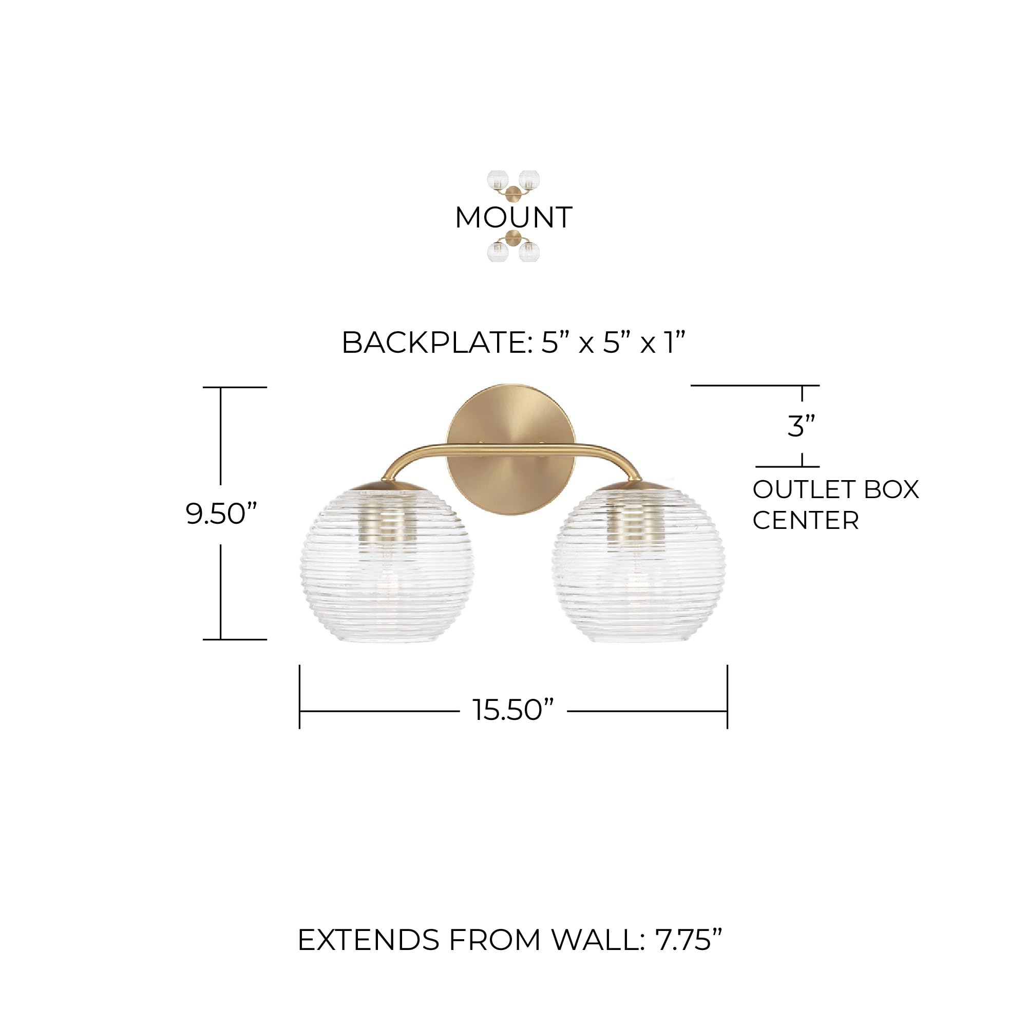 Capital Lighting 149921MA-544 Dolan 2-Light Vanity Bathroom Fixture - Clear Ribbed Glass Globe, Art Deco Transitional Style, 200W, 10