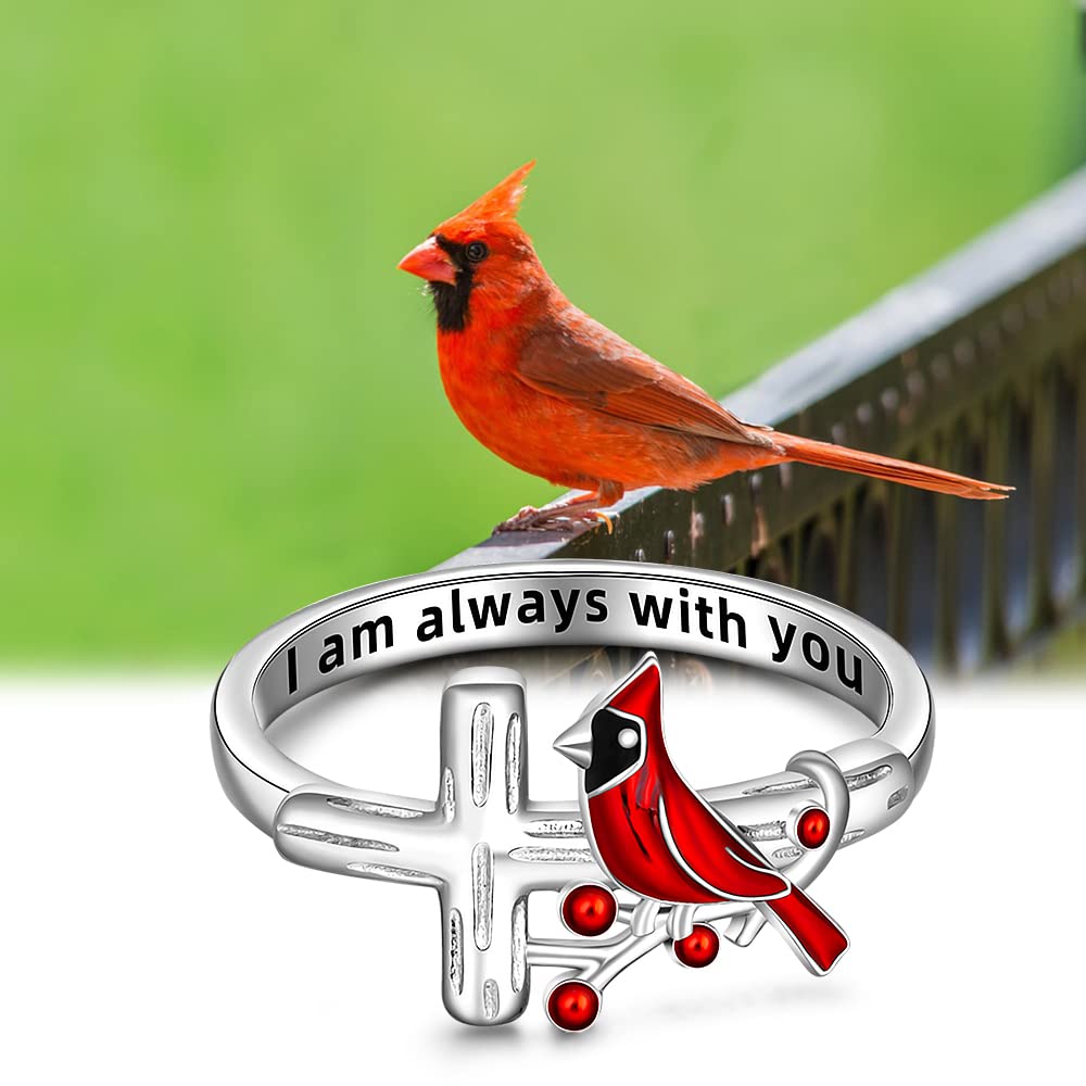Red Cardinal Ring - Sterling Silver Angel Memorial Jewelry for Women | Spiritual Cross Ring in Sizes 6-10 | Perfect for Sympathy Gifts, Remembrance Jewelry & Spiritual Protection