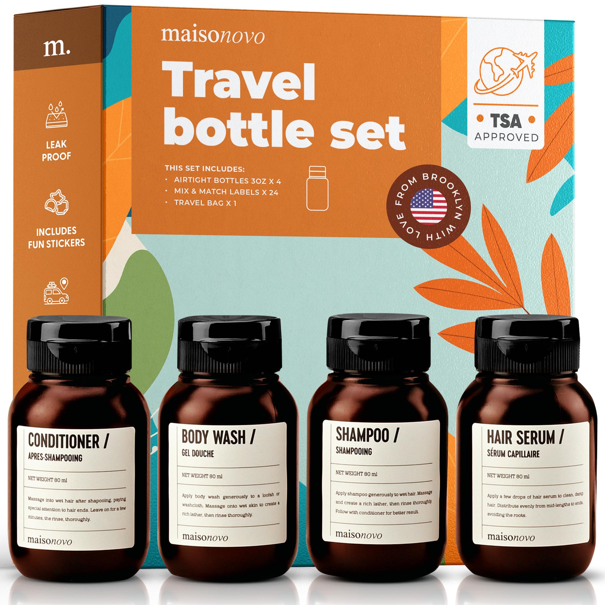 MAISONOVO TSA Approved Travel Bottles for Toiletries - 4 Pack Leak Proof Refillable Containers with Waterproof Toiletry Bag | Perfect for Airplane Carry-On, Gym, Camping & Vacation Essentials