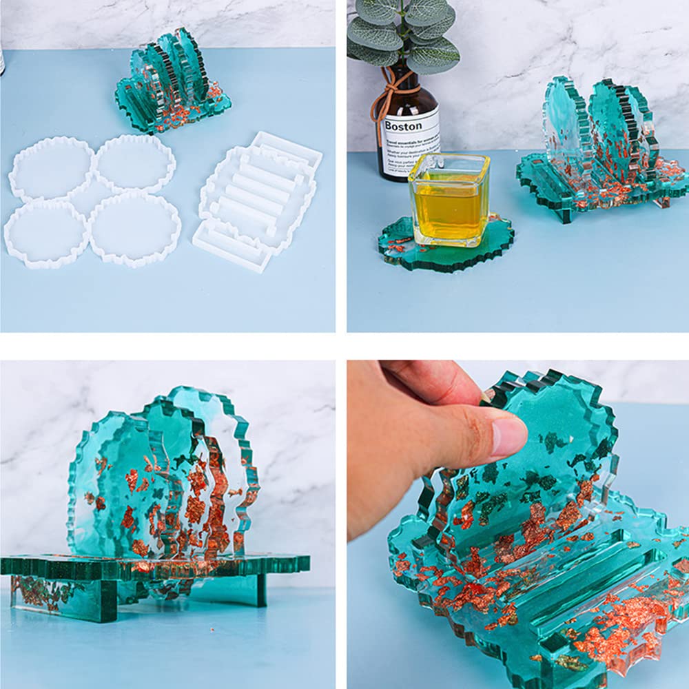 2-Piece Silicone Coaster Mold Set for Epoxy Resin Casting - 1 Irregular Coaster Mold & 1 Storage Stand Mold - DIY Home Decor, Unique Gift Idea for Craft Lovers - Perfect for Coffee Tables, Dining Tables, and Party Decorations