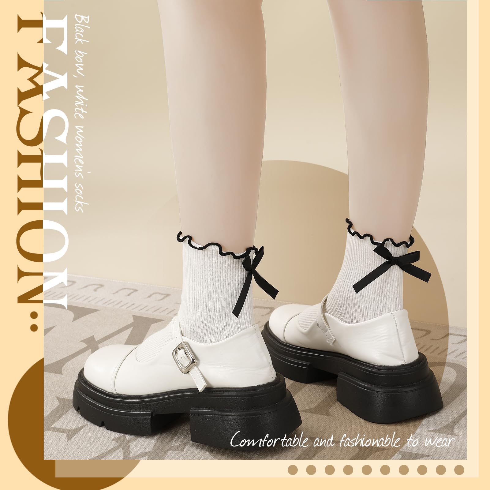 6 Pairs Women's Bow Socks - Cute Ruffle Crew Socks in Black & White - Soft Breathable Cotton Ankle Socks for Casual Wear, Daily Outfits, and Gift Giving
