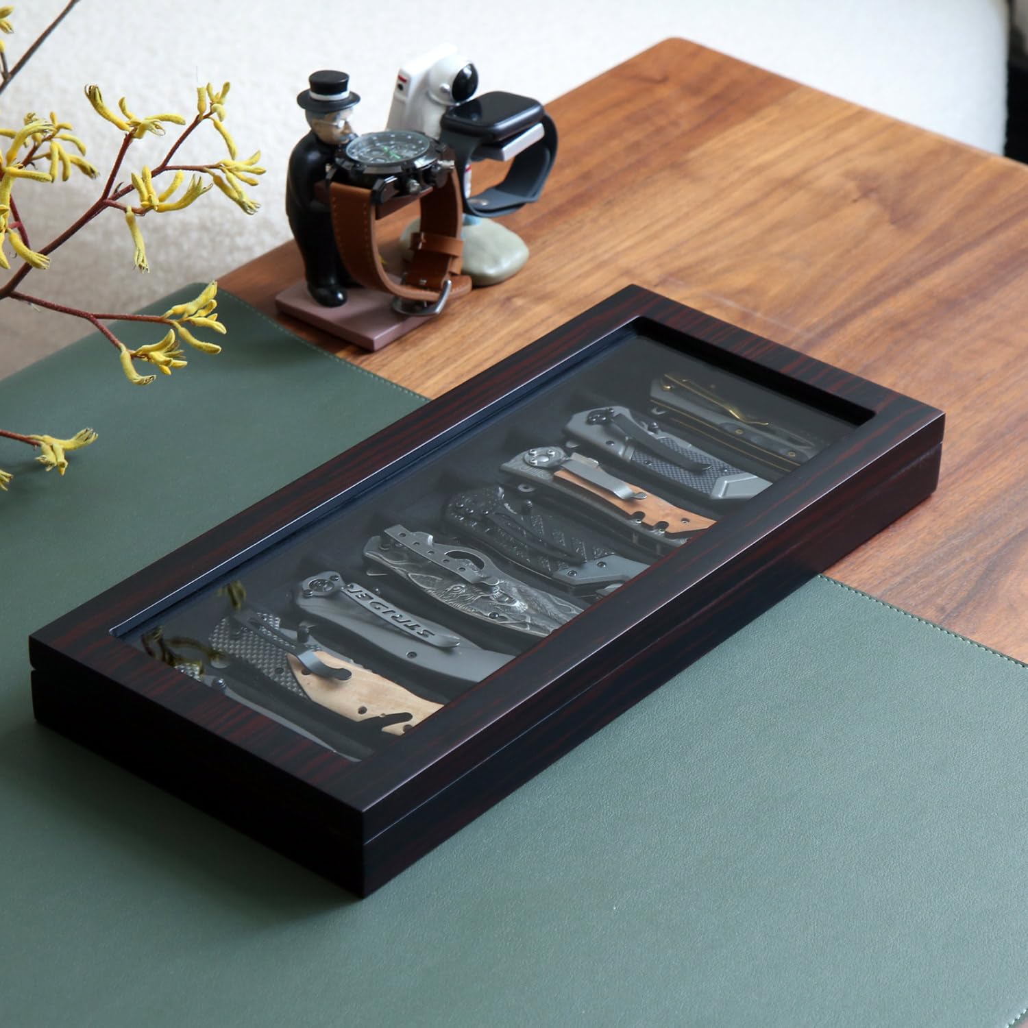 Premium 8-Pocket Knife Display Case with Glass Window - Ebony Finish Knife Storage Box for Collectors - Perfect Gift for Men & Knife Enthusiasts - Ideal for Home Display, Office Decor, and Collection Protection