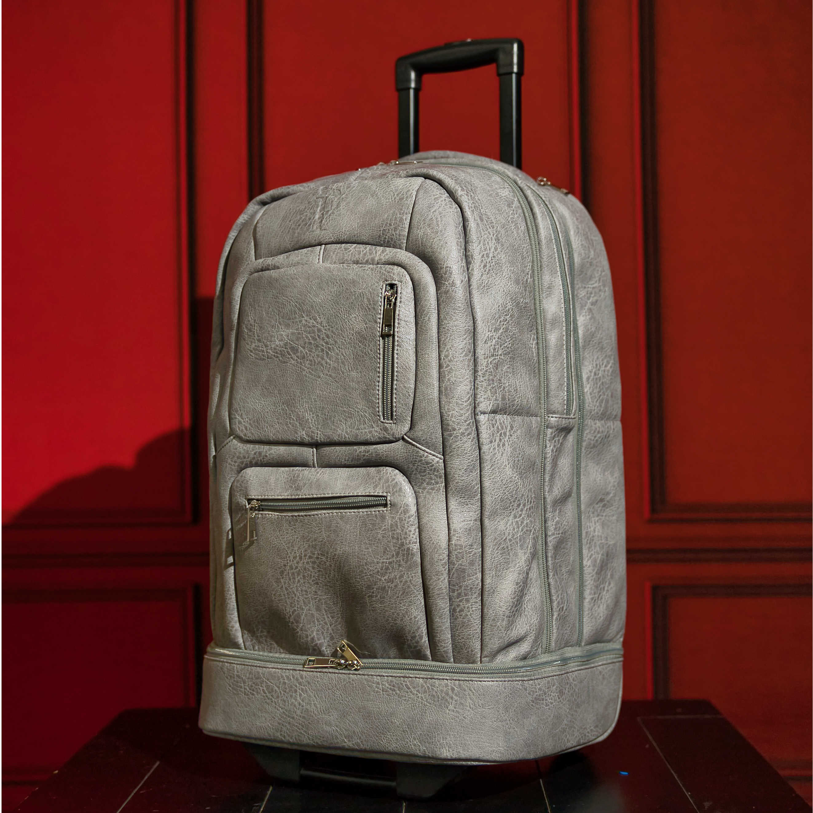 Premium Grey Leather Carry On Roller Bag with Patented Signature Design - Perfect for Business Travel & Weekend Getaways
