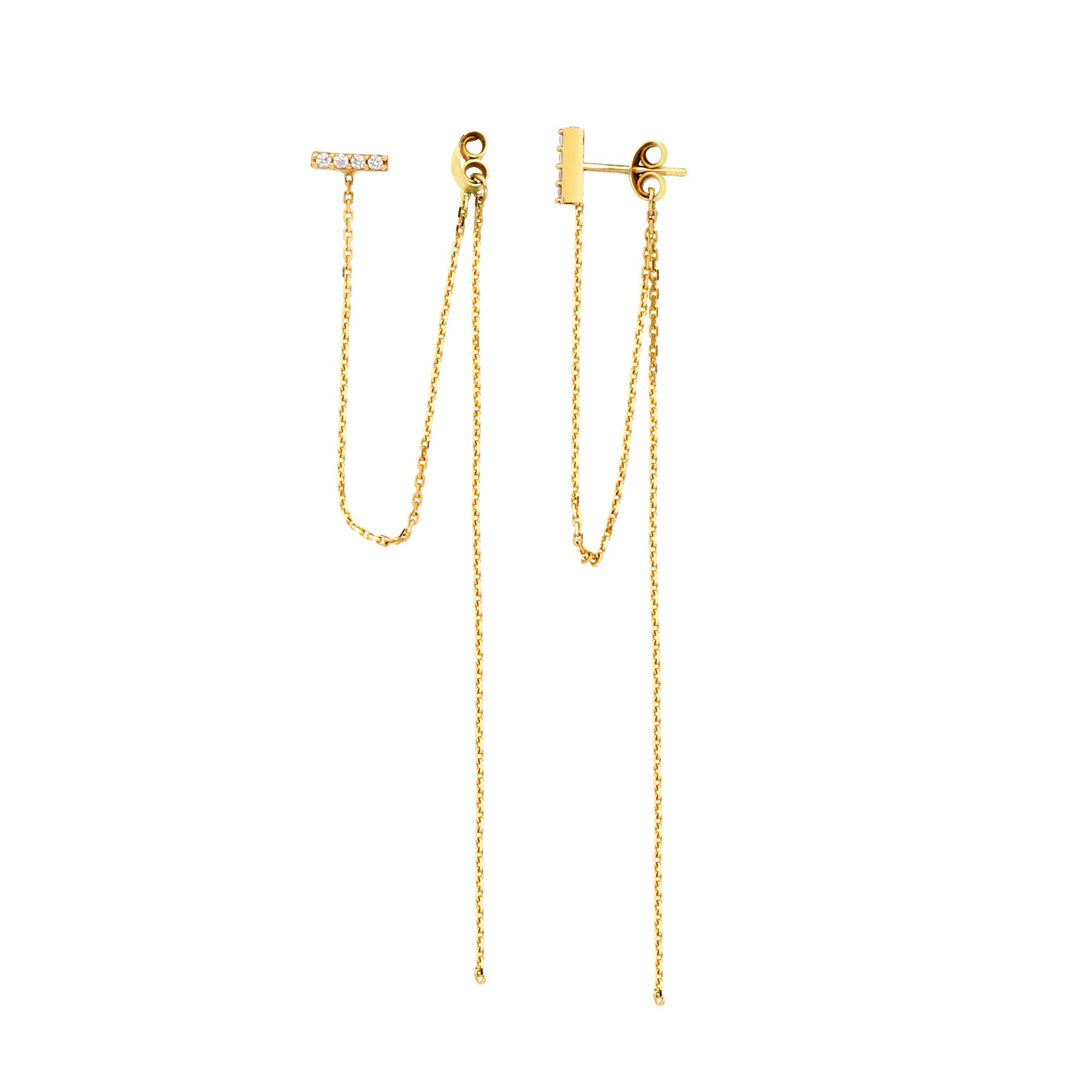 14K Gold Front to Back Bar & Hanging Chain Earrings - Elegant Dangle Earrings for Women, Perfect for Parties, Weddings & Everyday Wear