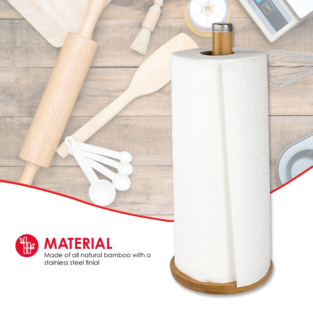 Premium Bamboo & Stainless Steel Paper Towel Holder - Natural Finish | Space-Saving Kitchen Organizer for Countertops, Pantry & RV Use