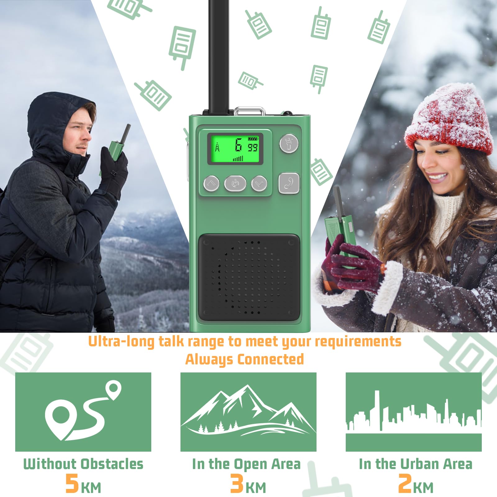 Kearui Walkie Talkies for Adults with Flip Antenna, 2 Pack Long Range Two Way Radios with Hands-Free Function & LED Flashlight for Adventure, Camping, Hiking (Green) - Perfect for Outdoor Activities and Emergency Communication