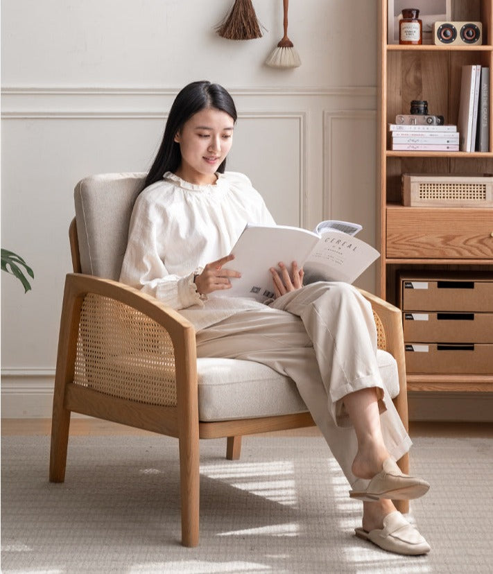 Solid Oak Wood Armchair with Milky Skin Tone Finish and Rattan Accents - Perfect for Living Room, Bedroom, or Office Decor