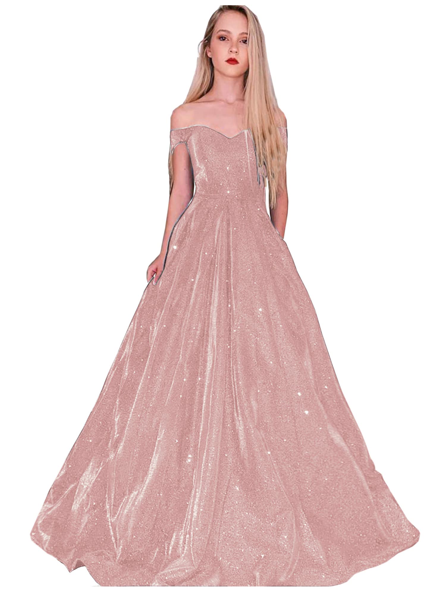 Elegant Off-the-Shoulder Glitter Prom Dress for Women - Formal Evening Gown with Pockets - Perfect for Homecoming, Wedding Guest & Cocktail Party