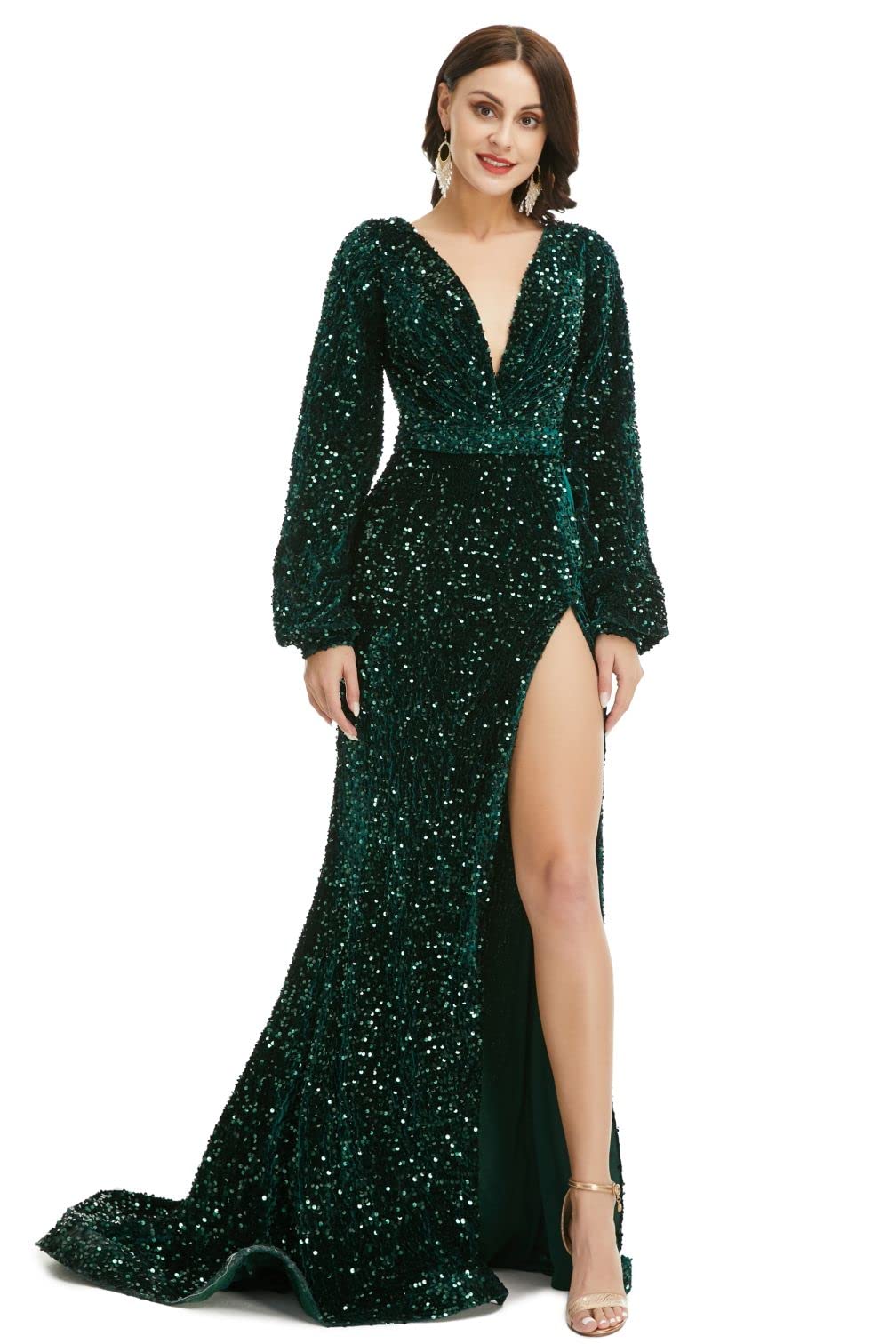 Elegant Dark Green Sequin V-Neck Evening Dress with Long Sleeves & Side Slit - Formal Party Gown for Cocktail Events, Prom, Wedding Guest & Special Occasions