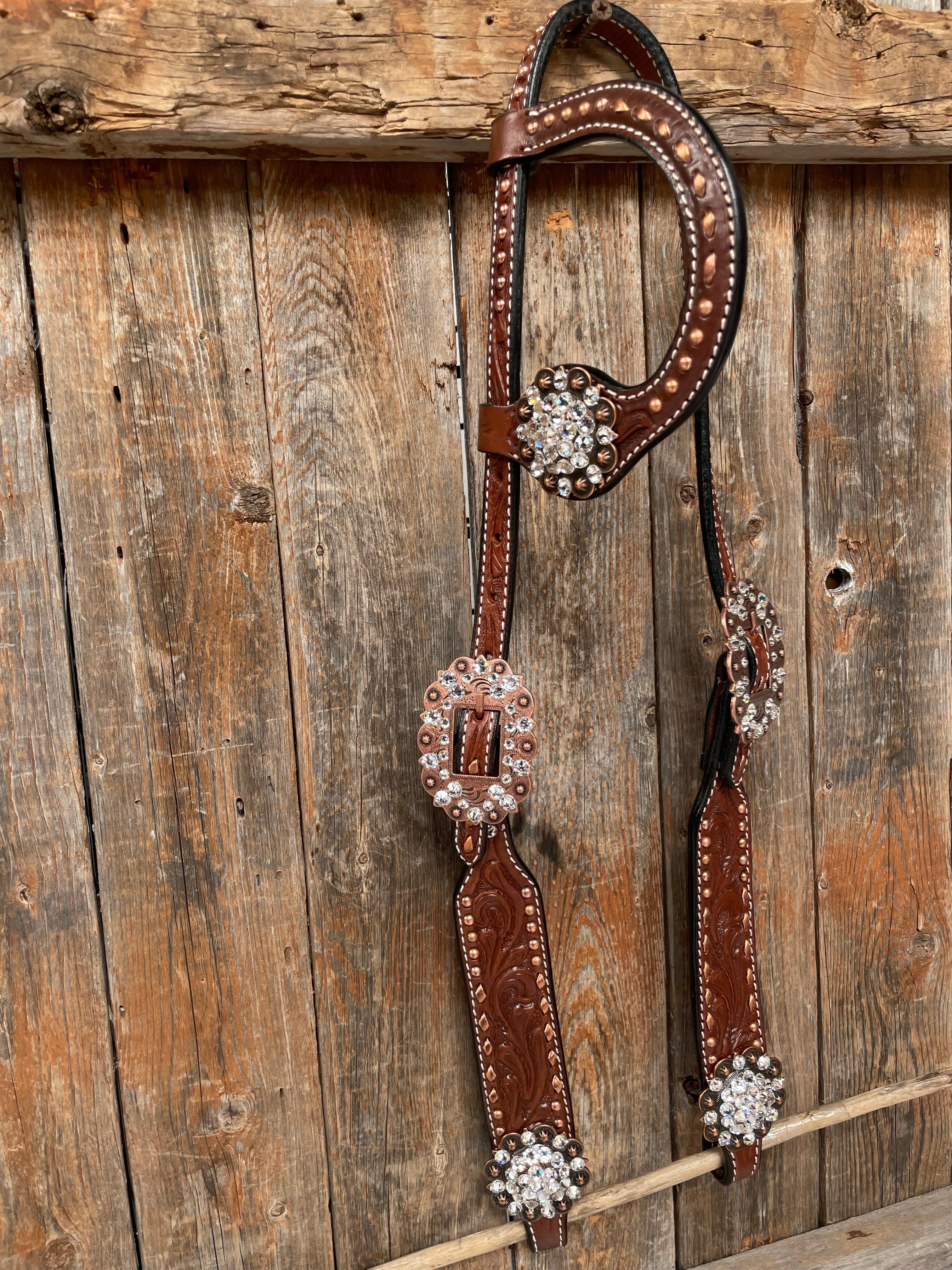 Premium Medium Oil Copper Buckstitch Clear One Ear & Breastcollar Tack Set #OEBC450 – Perfect for Western Riding, Horse Shows & Trail Riding