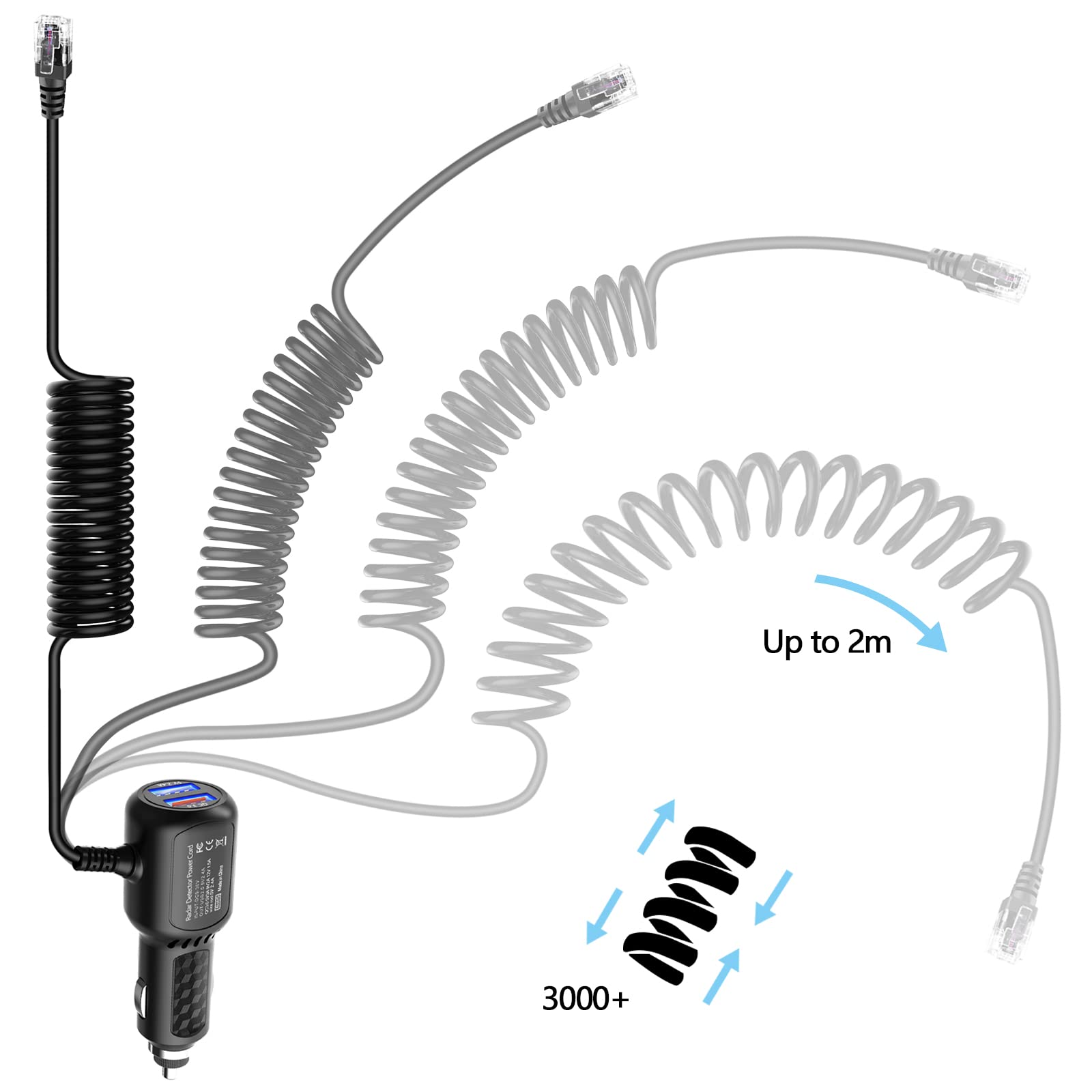 Uniden Escort Valentine Beltronics Passport Cobra Radar Detector Power Cord with Dual USB QC3.0 Fast Charger (RJ11) - Perfect for Road Trips & Highway Driving