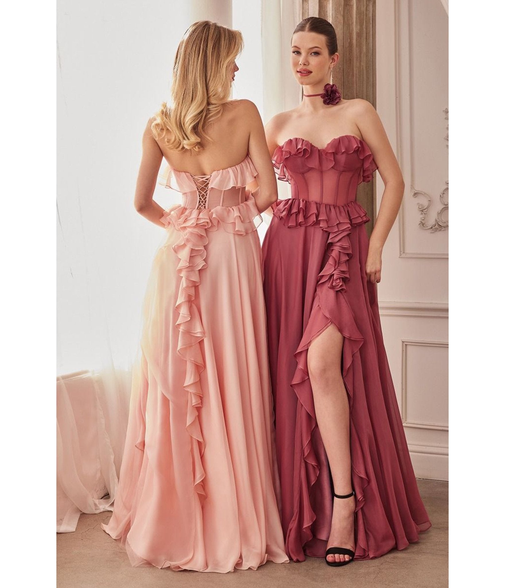 Ladivine By Cinderella Divine Blush Pink Strapless Chiffon Prom Dress with Ruffles & High Slit - Elegant Evening Gown for Homecoming, Wedding Guest, Pageant & Formal Events